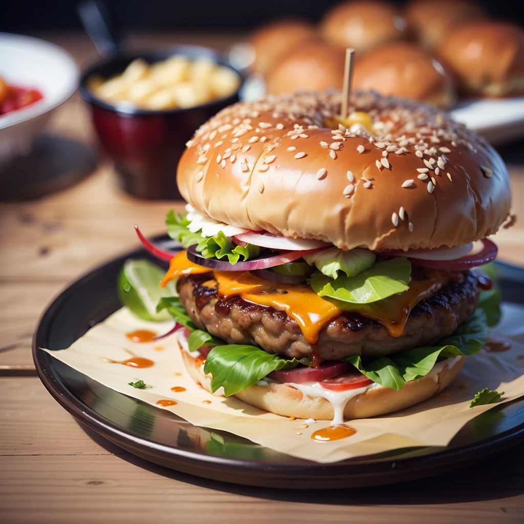 hamburger super tasty, 1080p, Full-HD, super revolution, 16k, Modern, Realism, Realistic, Hyperrealistic, Hyper Real --auto --s2