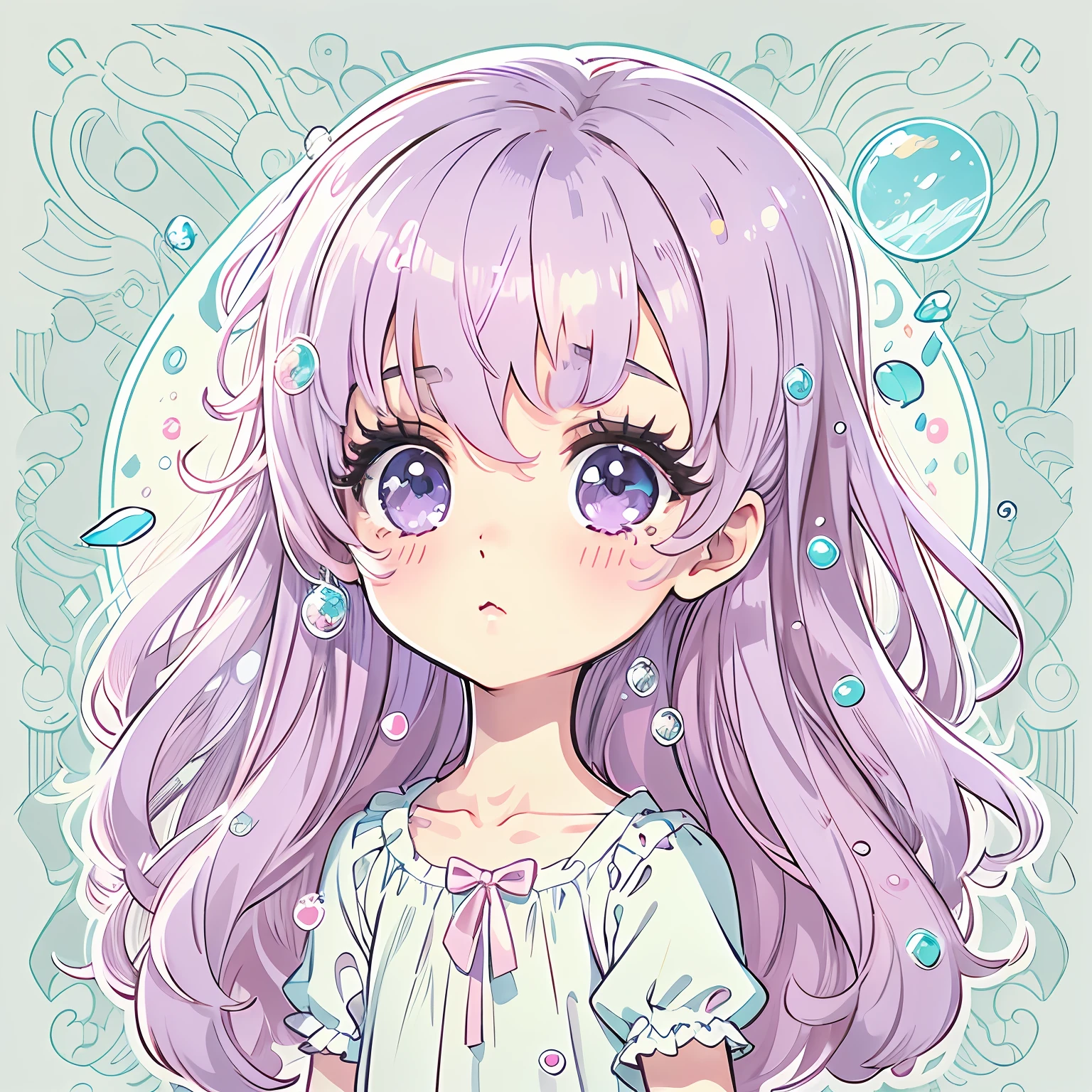 Sticker, Cute anime girl head, Long pink hairstyle,Light purple eyes，Cute white dress，The feeling of water droplets around，in circle, White background, Light sky blue background，Simple, Ultra detailed, Detailed drawing, vectorised, Silhouette, 8K, professional sticker design, Flat design, Vector lines, Sticker, Drawing, Drawing, Full-HD