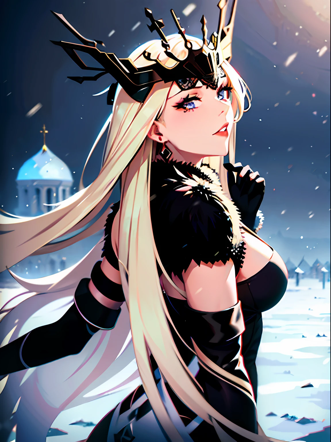 1 girl, Mature woman, Average Breasts, black mask on the face, Eyes Covered, blue eyes, blond hair, Long hair, earings, black gloves on the elbows, Dress, fur-trim, Black fur, winter, russian architecture, cathedral, black clouds, snowing, Ice Crystal, Back to the viewer, Look at the viewer, Hand to viewer