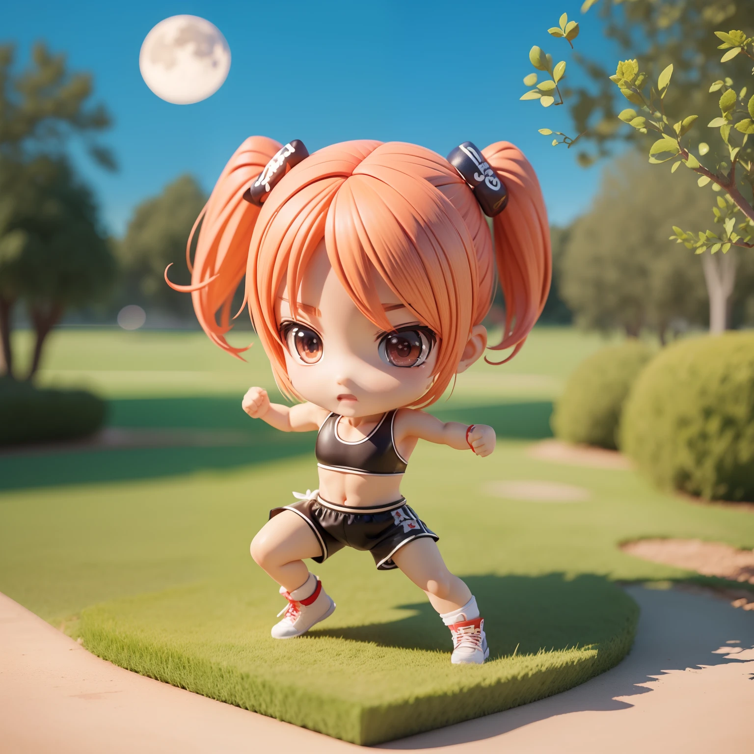 (((Chibi 3D))) (Best Quality), (masutepiece) Chibi Anime Deformed Style,Boxing only🥊🥊,fitness,grass field,Big Red Full Moon