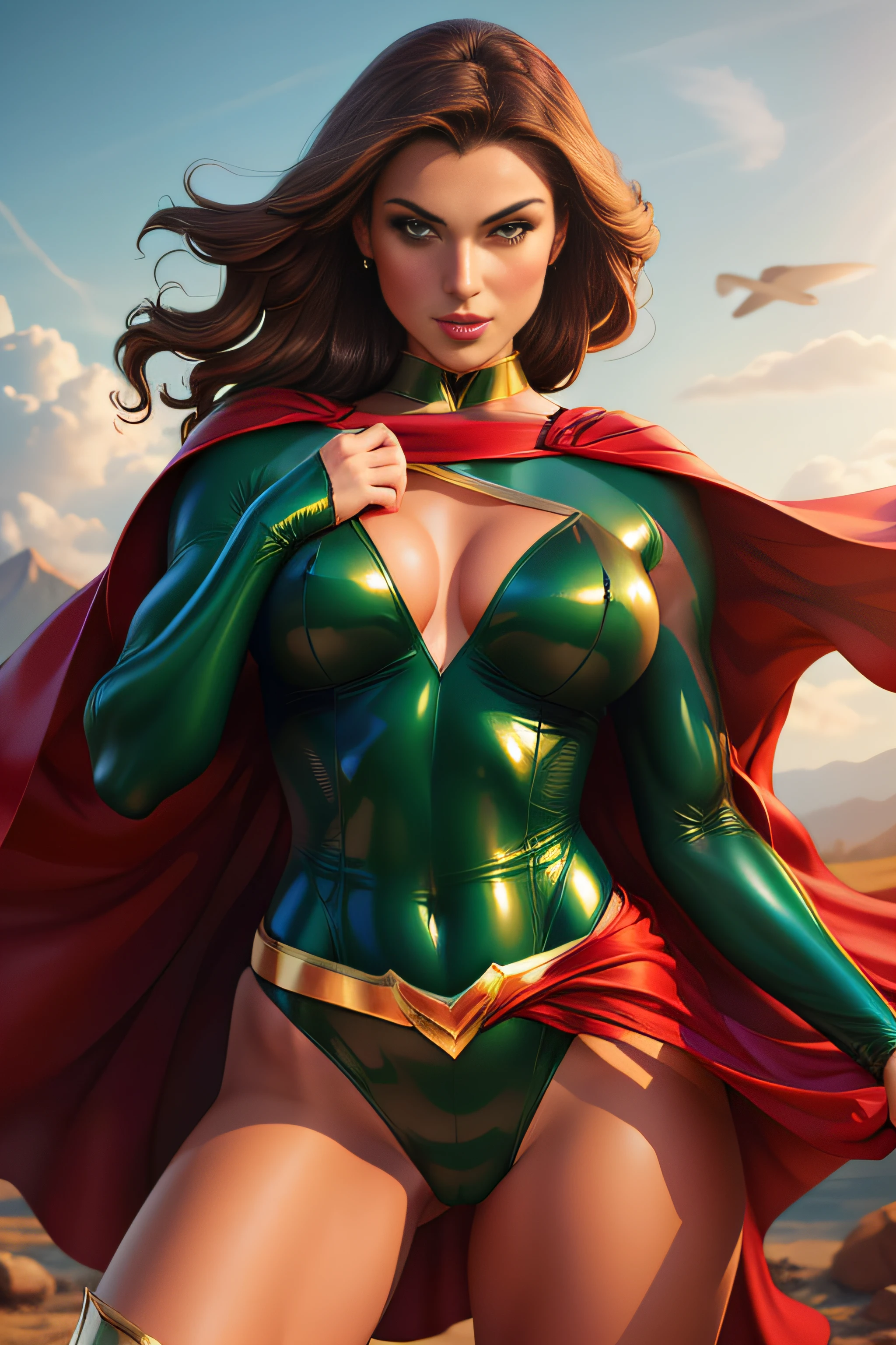 a sexy beautiful superheroine, has large breasts, brown hair, green eyes, green leotard with a black outer rim, the leotard has an opening on the chest area,. Red cape, red belt with a golden medal in the center, wears high knee boots that are black on the top and green on the bottom portrait photography by artgerm, in the style of realism, glistening skin, natural lighting, Defined full lips. Muscular fitness feminine body