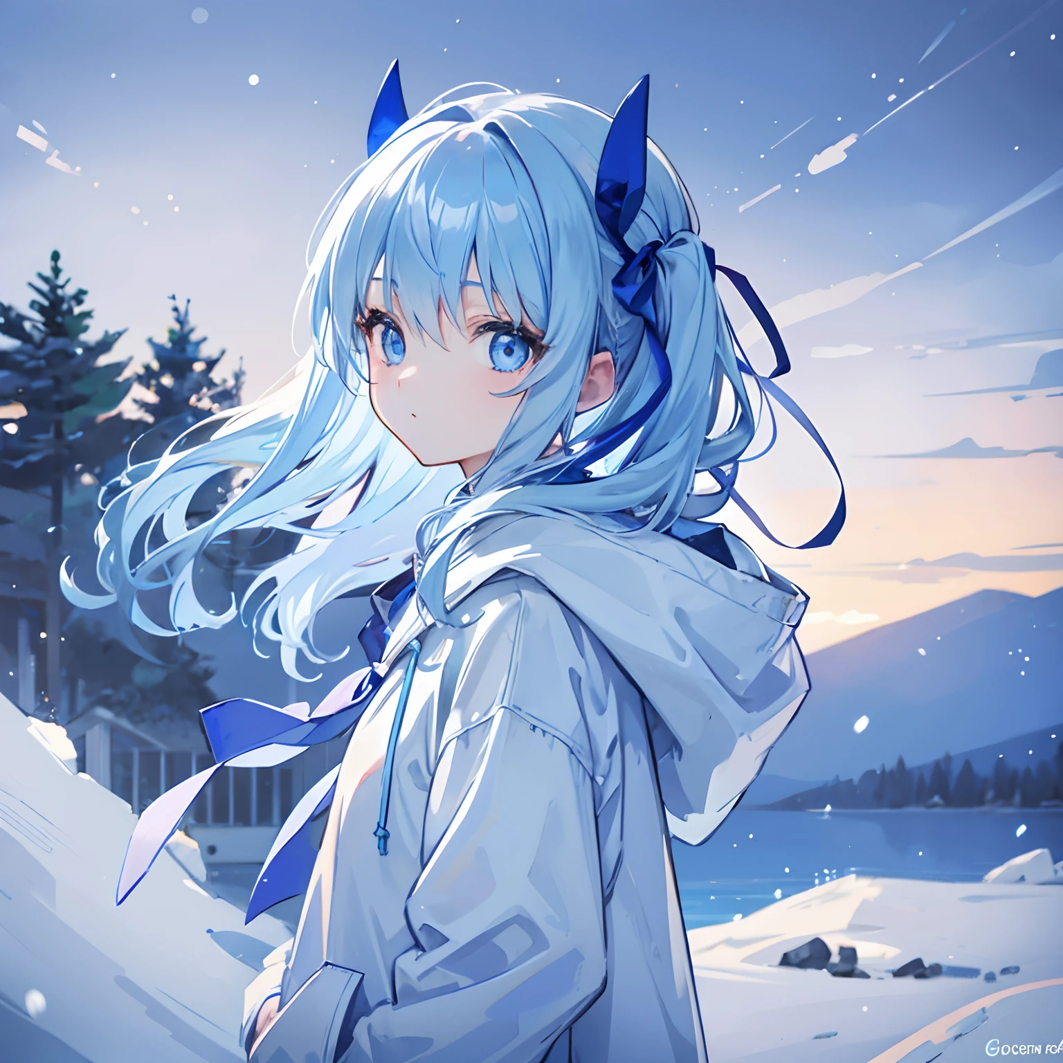 1girl,light blue hair,blue eyes,hair ribbon,blue hoodie,winter,looking at viewer,profile picture