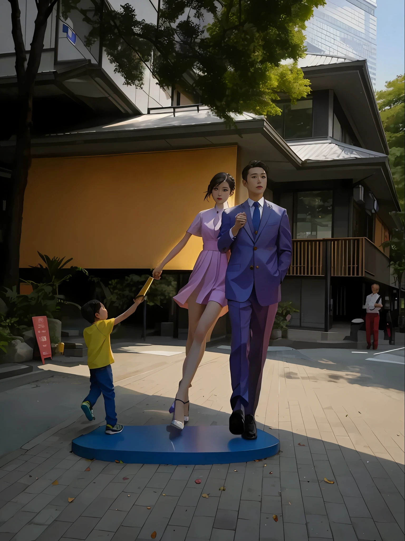 mix4, 20 days, Solo, Long_Hair, shirt, dress, High_Heels,full_Body, look_at_peeping at the viewer, (8K, yes, RAW photo, Best quality, Mastery:1.2), (Realistic, photo-realistic:1.37), Professional lighting, photon maping, Radio City,physically-based renderingt,photo of a man, A woman and a young boy hold hands, full body shot of,in distance,taken with a Sony A7R camera, in Tokyo, modern sculpture, Real records,8K,(tmasterpiece:1.3),Works of masters,超高分辨率,Cinematic lighting effects,super detailing,