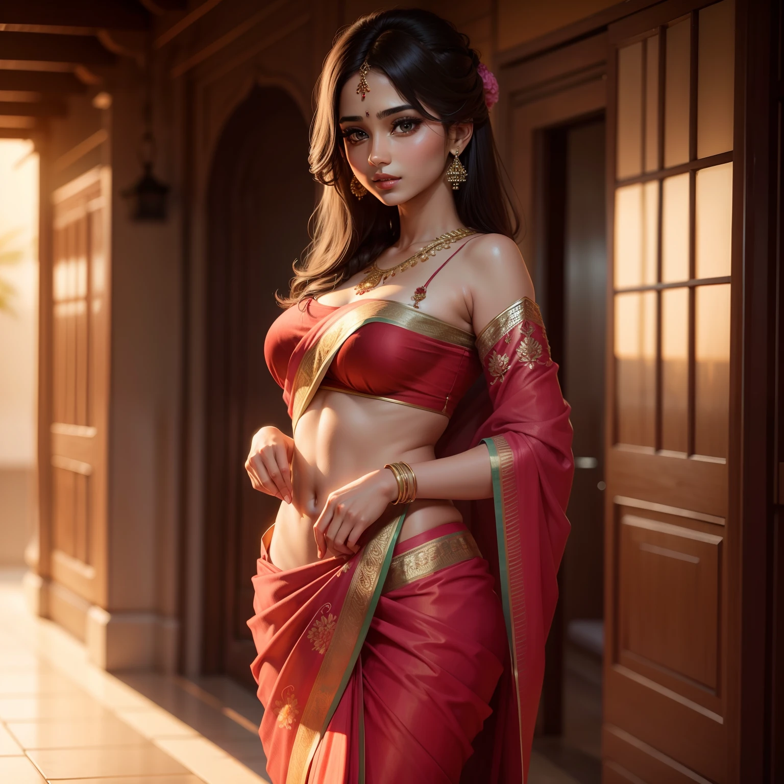 Beautiful indian woman wearing open saree, cute, beautiful, sexy, village hut, ambient lighting