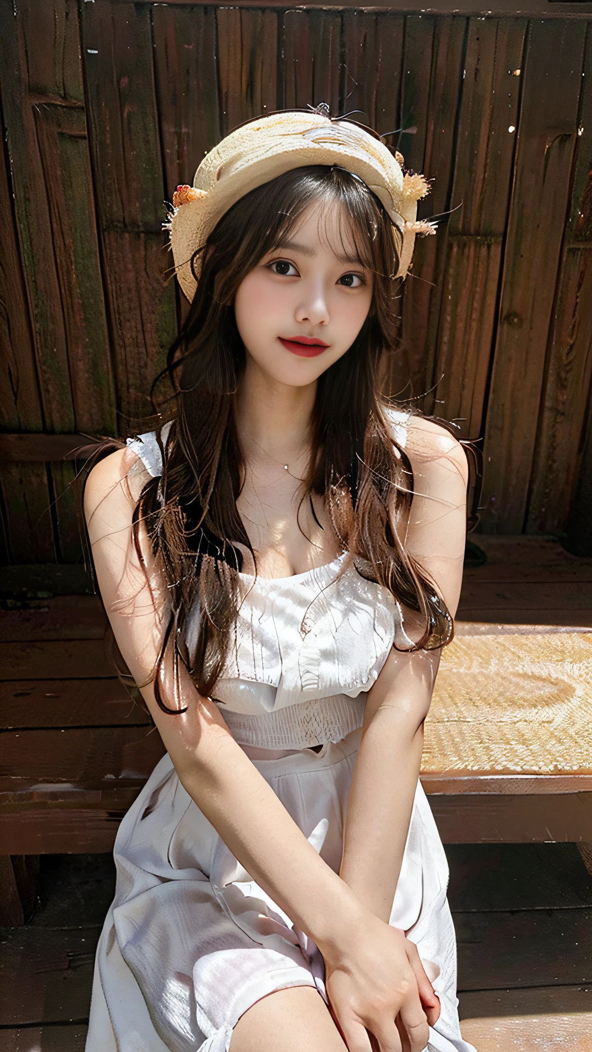 gigantic cleavage breasts、Beautiful highschool girl、High picture quality、Like a shot with an SLR、Summer clothes、Straw hat、Western clothes、onepiece、I'm eating parfait、Off-shot、tea house、sit on chair