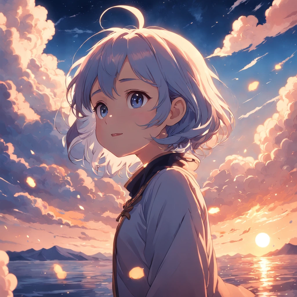 Masterpiece, Best Quality, Movie Stills, 1girl, Cloud Boy, Floating in the Sky, Close-up, Bright, Happy, Warm Soft Lights, Sunset, (Sparkle: 0.7)