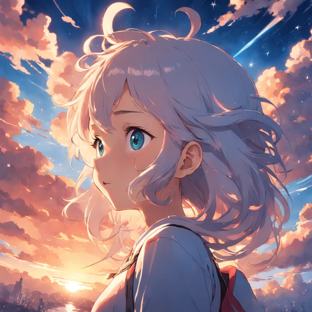Masterpiece, Best Quality, Movie Stills, 1girl, Cloud Boy, Floating in the Sky, Close-up, Bright, Happy, Warm Soft Lights, Sunset, (Sparkle: 0.7)