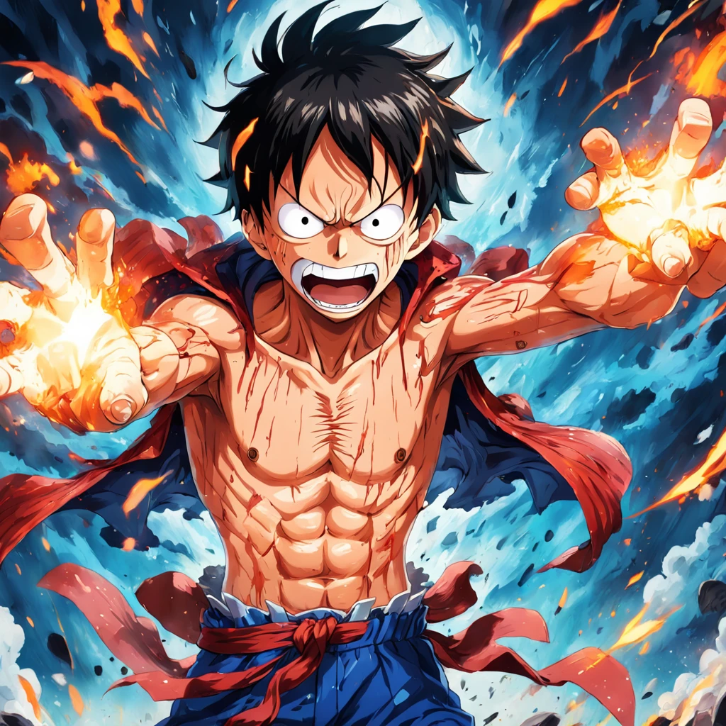 Design a gripping poster featuring Luffy from "One Piece" in a fit of rage. Capture the essence of his burning determination and unyielding spirit as he unleashes his wrath upon his enemies. Keep it short, bold, and intense to convey the raw power of Luffy's anger.