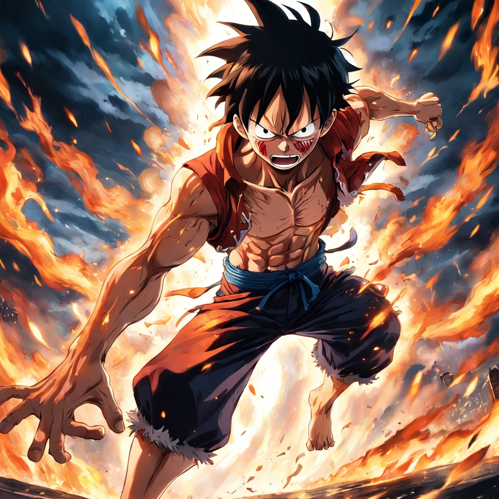 Design a gripping poster featuring Luffy from "One Piece" in a fit of rage. Capture the essence of his burning determination and unyielding spirit as he unleashes his wrath upon his enemies. Keep it short, bold, and intense to convey the raw power of Luffy's anger.