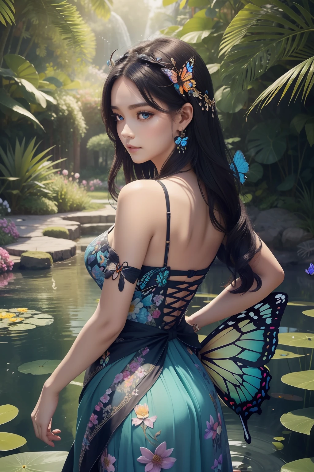 (HD: 1.2), (Best Quality: 1.2), (8K: 1.2), (Underground scattering: 1.1), beautiful face, beautiful eyes, Goddess of butterflies, long black hair, small flower hair ornament, large butterfly wings spread on her back, wings with vibrant colors, light dress adorned with intricate flower and butterfly embroidery, pendant with butterfly motif, earrings with butterfly motif, A beautiful garden overflowing with flowers, a scene of butterflies dancing, a pond within the garden, flowers blooming by the water's edge, gentle light filtering through the trees.