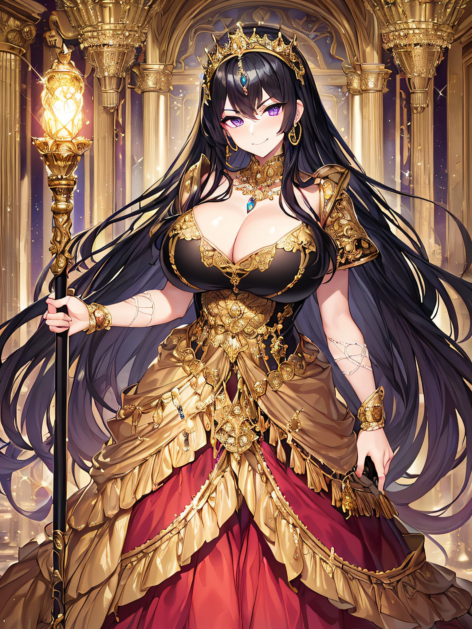 ((anime artstyle)),(Masterpiece),(Best Quality),(Super Detail),(Very Delicate and Beautiful),Solo,((full body portrait)),((BlingBling)),((1 arrogant princess in beautiful embroidery black and gold gorgeous rococo ballgown with voluminous full length hoop skirt)),((crinoline)),gorgeousfull embroidery,Long train((arrogant,haughty)),(((arrogant smile))),Sharp eyes,(holding a luxurious scepter),((gorgeous gemstone jewelry)),detailed face and eyes,jewel-like eyes,Purple eyes,(Bangs between eyes),((large amount of straight hair,extremely Long voluminous black Hair)),((gigantic tits,Long tits)),gorgeousfull embroidery,cleavage,extremely gorgeousfull hair ornament,(bling-bling extremely gorgeousfull jeweled tiara),gorgeous corsage,(Dynamic Angle),Looking at viewer,(full body)),((beautiful embroidery and glitter jeweled black and gold gorgeous rococo ballgown with voluminous full length hoop skirt))