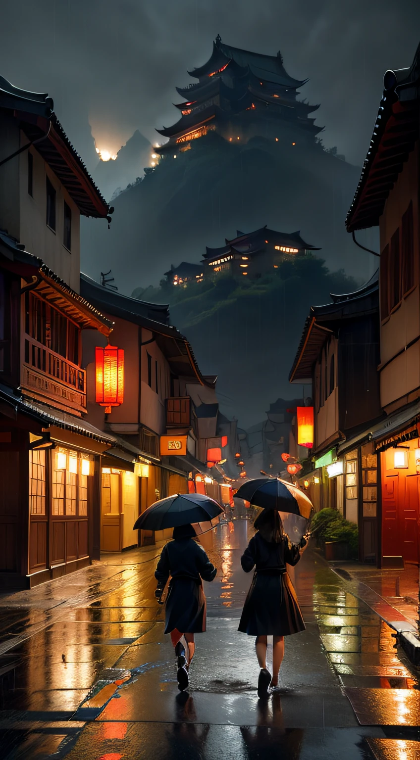 View of a village，a lot of lights on the buildings，dreamy Chinese towns，Chinese village，Amazing wallpapers，surreal photo of a small town，old asian village，Chinese city，Raymond Han，rainy evening, Cyberpunk ancient Chinese castle, Well-lit building, In the evening in the rain, Beautiful and aesthetic, photography of, cinematic ligh, 8K, high detal ((very heavy rain)))，There are pedestrians and children on the street，Children frolicking，The person who plays the umbrella，HD photo effects