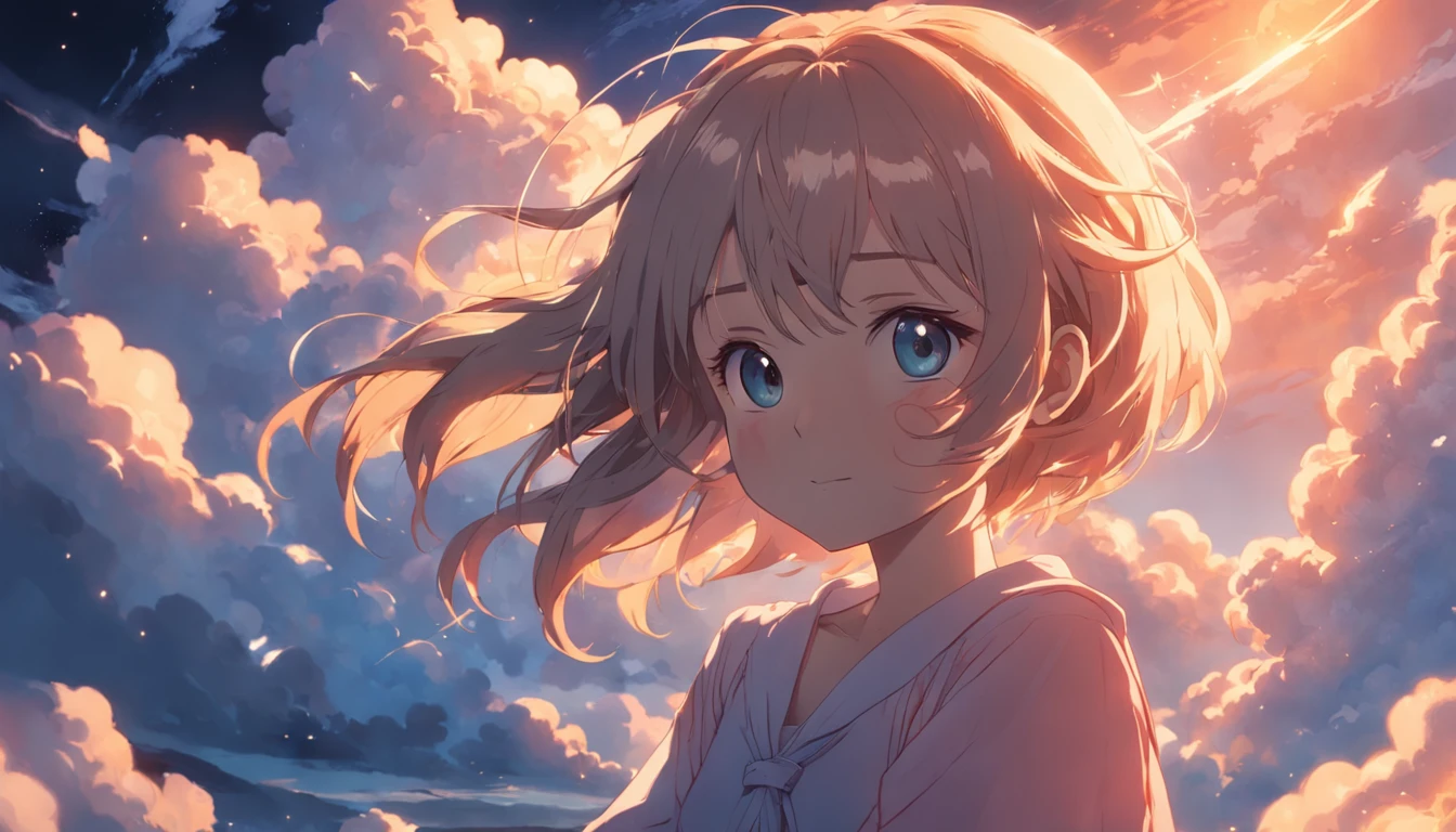 masterpiece, best quality, movie still, 1girl, cloud girl, floating in the sky, close-up, bright, happy, warm soft lighting, sunset, (sparks:0.7)