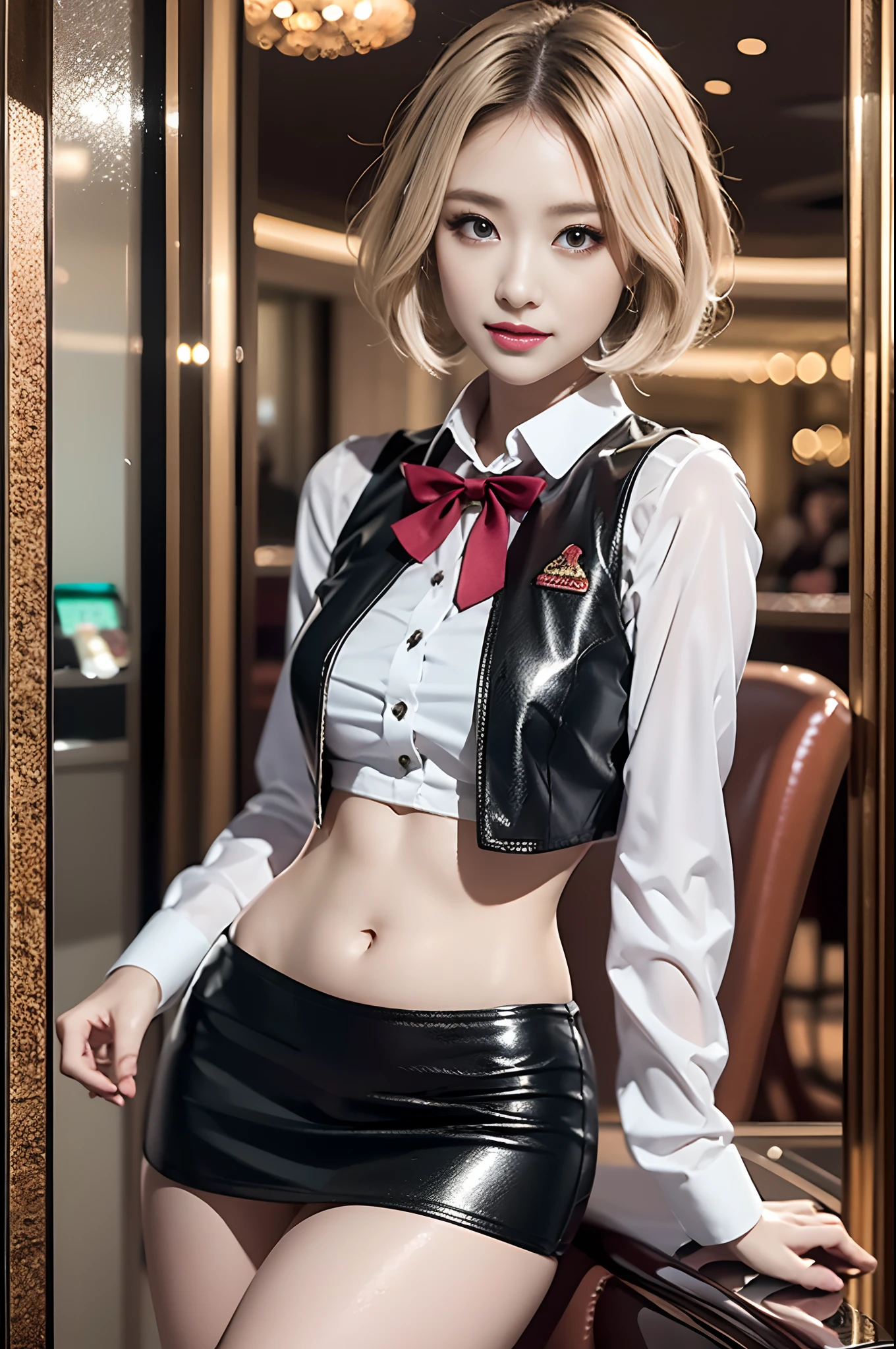 (highest quality, hight resolution, masterpiece:1.3) solo, girl, THE CASINO CROUPIER, BREAK green eyes, tsurime, pink and very short hair, large breasts, navel, detailed skin, BREAK White shirt, black short leather vest, black bow tie, black leather miniskirt, pencil skirt, Shallow slit, black high heels, casino