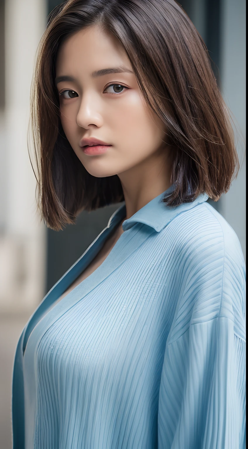 ((top-quality、8K、masterpiece: 1.erfect Body Beauty: 1.4、Slender Abs: 1.2、Beautiful woman with slender abs:1.3、(Highlight Haircutreast B Cup:1.2), medium breast, round shape breast, perfect shape breast, (( open shirt )), necklace, hyperdetailed face、18year old、 Pretty women、(Dark brown short-cut hair), Slim Face、Highly detailed facial and skin texture、very detailed lips、opens legs、top-quality、masterpiece、超A high resolution、(Photorealsitic:1.4), walked forward confidently, long shot , studio setup, photography steup, light from both side, background,