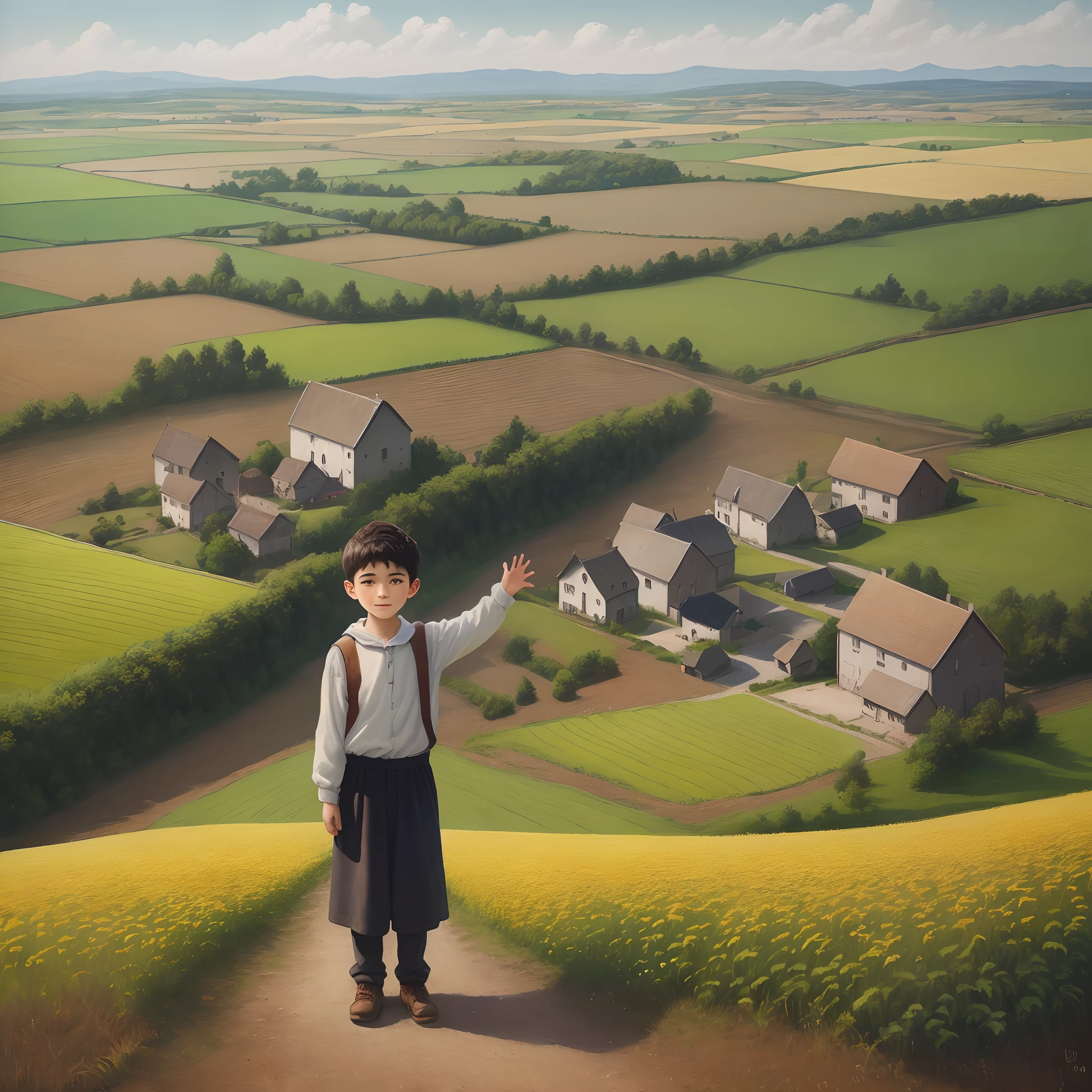 In a picturesque countryside, a young boy stands with confidence in front of a village, his arms outstretched as if embracing the land, fields of crops and windmills in the backdrop, embodying a connection to nature and rural life, Oil painting on canvas, employing warm colors and textured brushwork to capture the rustic beauty