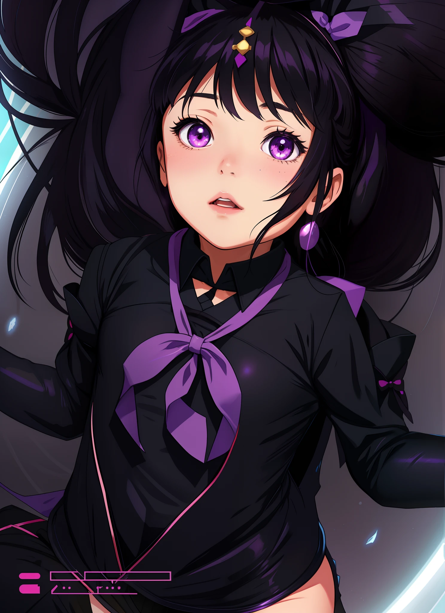 Realistic, magical little girl, Homura Akemi, Long black hair, a sailor suit, Purple Ribbon, Black Long Sleeve Gloves Leotard, Black pantyhose