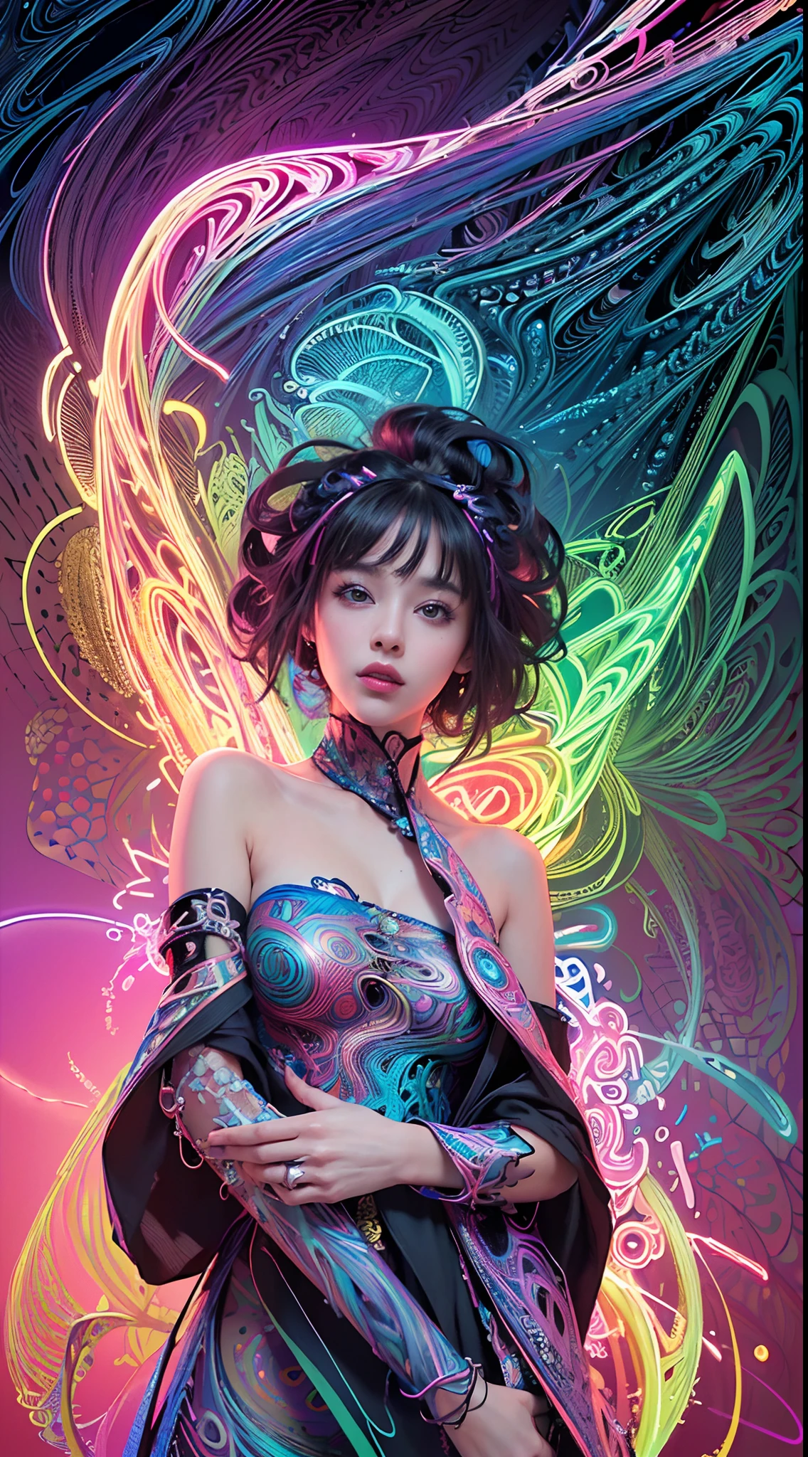 (masterpiece, top quality, best quality, official art, beautiful and aesthetic:1.2), (1girl:1.3), extremely detailed,(fractal art:1.2),colorful,highest detailed,( zentangle neon:1.2), (dynamic pose), (abstract background neon:1.5), (treditional dress:1.2), (shiny skin), (many colors:1.4), upper body ,Neon,16K,Full HD