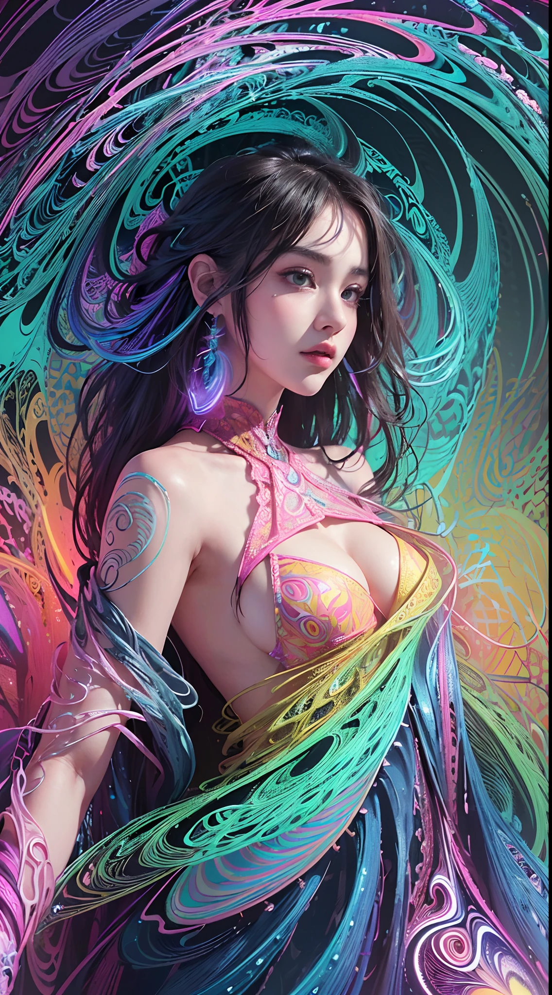 (masterpiece, top quality, best quality, official art, beautiful and aesthetic:1.2), (1girl:1.3), extremely detailed,(fractal art:1.2),colorful,highest detailed,( zentangle neon:1.2), (dynamic pose), (abstract background neon:1.5), (treditional dress:1.2), (shiny skin), (many colors:1.4), upper body ,Neon,16K,Full HD