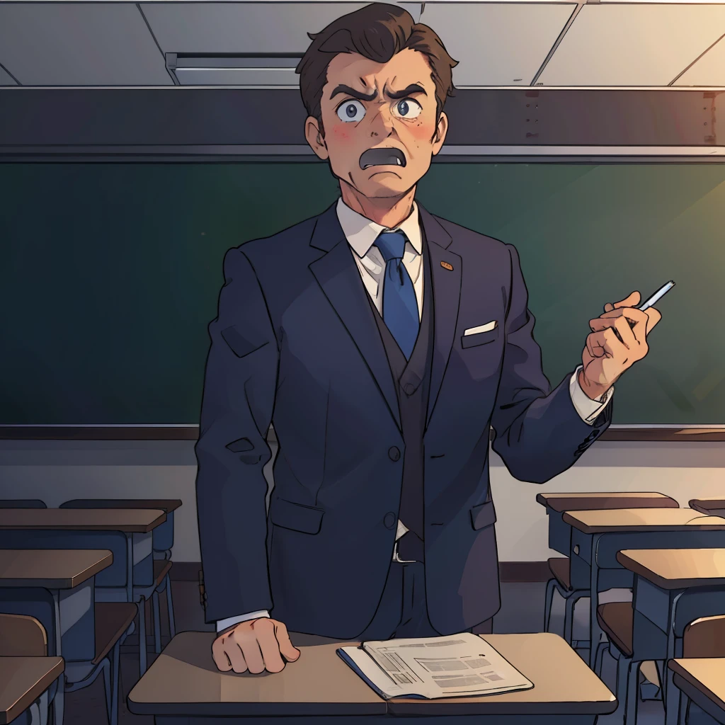 A middle-aged man,dressed in a suit,Stand on the podium of the classroom,Angry expressions,Upper body display