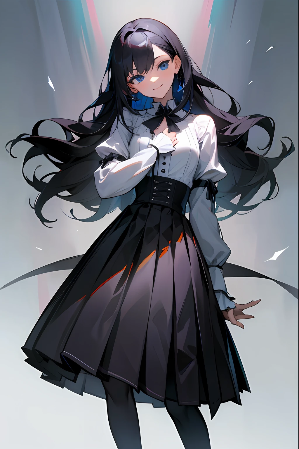 tmasterpiece, Best quality at best, A high resolution,eBlue eyes,Clothing cutting, Tall girl,,ssmile,longer sleeves,long skirt, The shirt, black glove, Black pleated skirt, cowboy photo, Elegant girl, Tall girl,White collar,longer sleeves,long skirt, The shirt, black glove, Black pleated skirt, cowboy photo,Sit Pose, outside