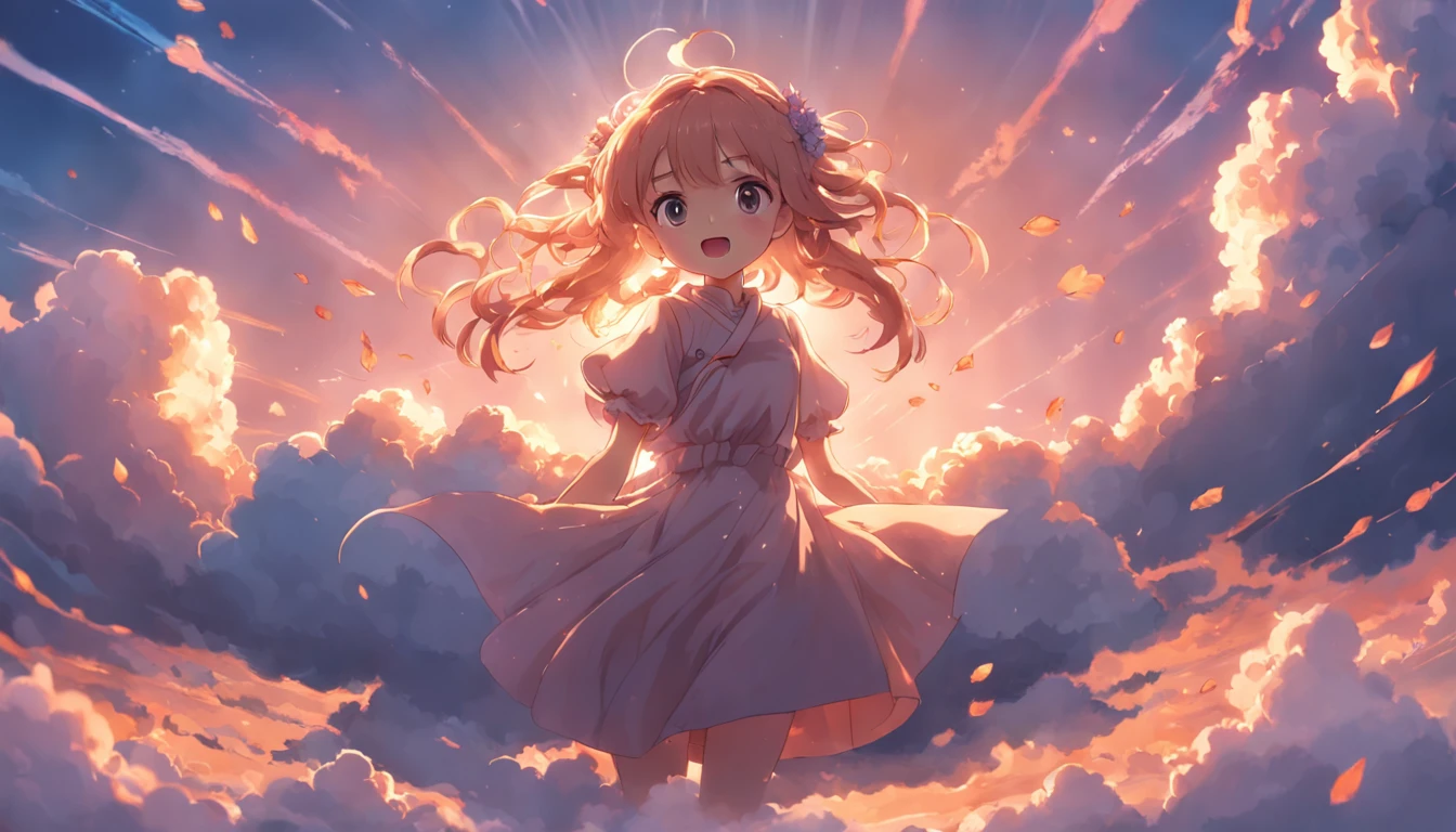 masterpiece, best quality, movie still, have a flower 1girl, cloud girl, floating in the sky, close-up, bright, happy, warm soft lighting, sunset, (sparks:0.7)