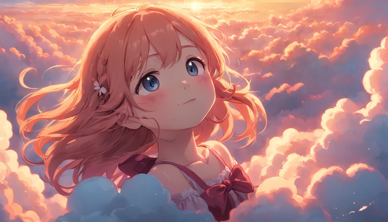 masterpiece, best quality, movie still, have a flower 1girl, cloud girl, floating in the sky, close-up, bright, happy, warm soft lighting, sunset, (sparks:0.7)