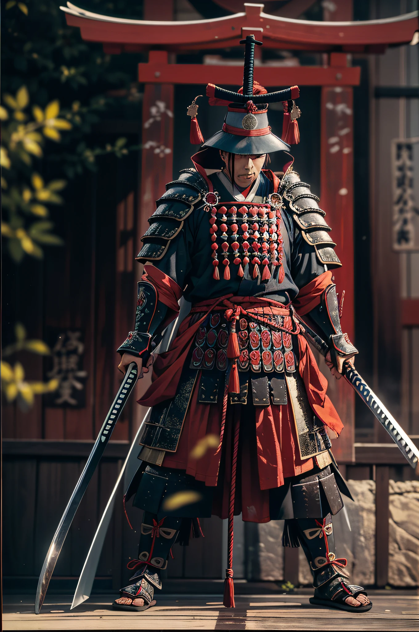 Japan samurai in armor、Highest bit、Highly detailed armor、reddish、ck、Highly detailed background,Realistic,ultra-detailliert,super detailed skin,light glow,Film grain,Expro II,Lens Flare,Sharpen,cinematic shadow