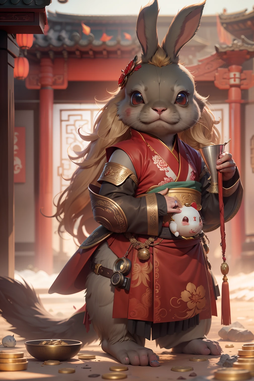 anthropomorphic turtle，Little cute cute little bunny，Wearing elegant red Hanfu，Take gold ingots，The ground is covered with gold coins，silkouette，fluffy mane，largeeyes，Red Wall，Chinese culture，zbrush，Dramatic lighting，full-body portraits，hentail realism，finedetail，photographrealistic，Film illumination，complexdetails，rendering by octane，unreal-engine，8K --ar 9：16 --testp --upbeta