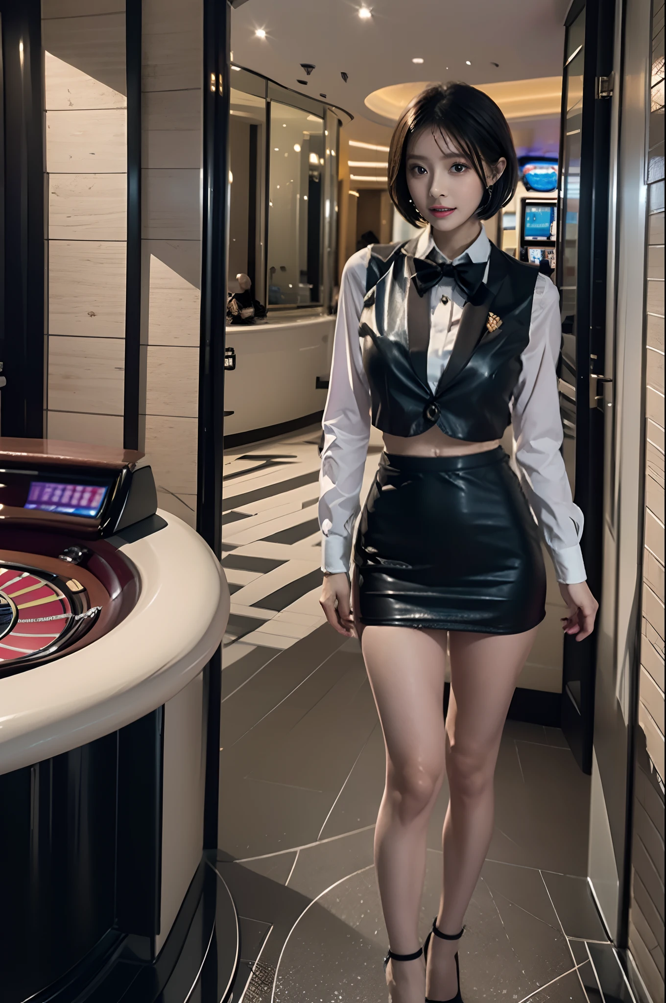 (highest quality, hight resolution, masterpiece:1.3) solo, girl, THE CASINO CROUPIER, BREAK green eyes, tsurime, pink and very short hair, large breasts, navel, detailed skin, BREAK White shirt, black short leather vest, black bow tie, black leather miniskirt, pencil skirt, Shallow slit, black high heels, casino