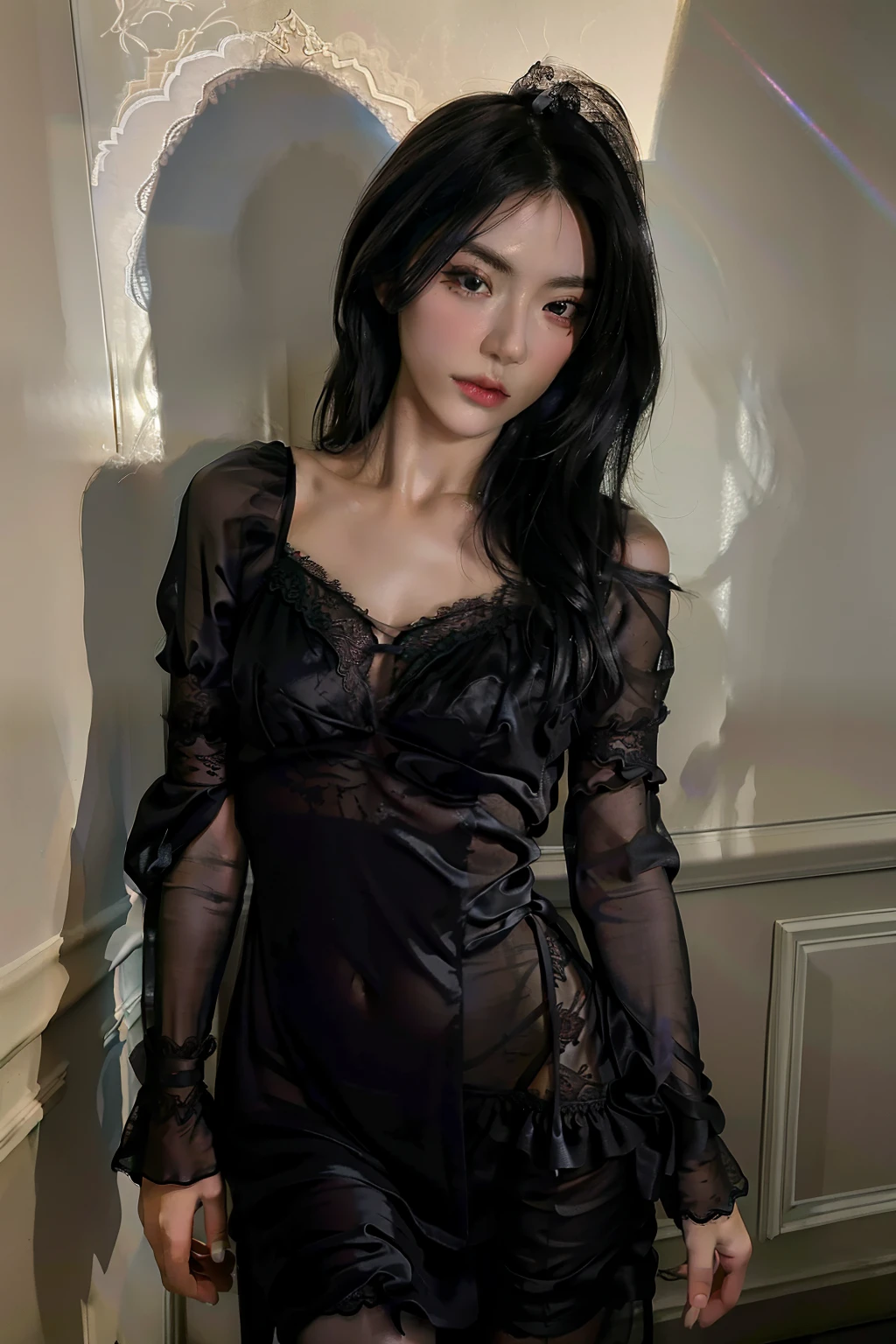 Best quality, masterpiece, ultra high res, (photorealistic:1.4), raw photo, 1girl, ((black lace nightgown)), ((small breast)), cold light