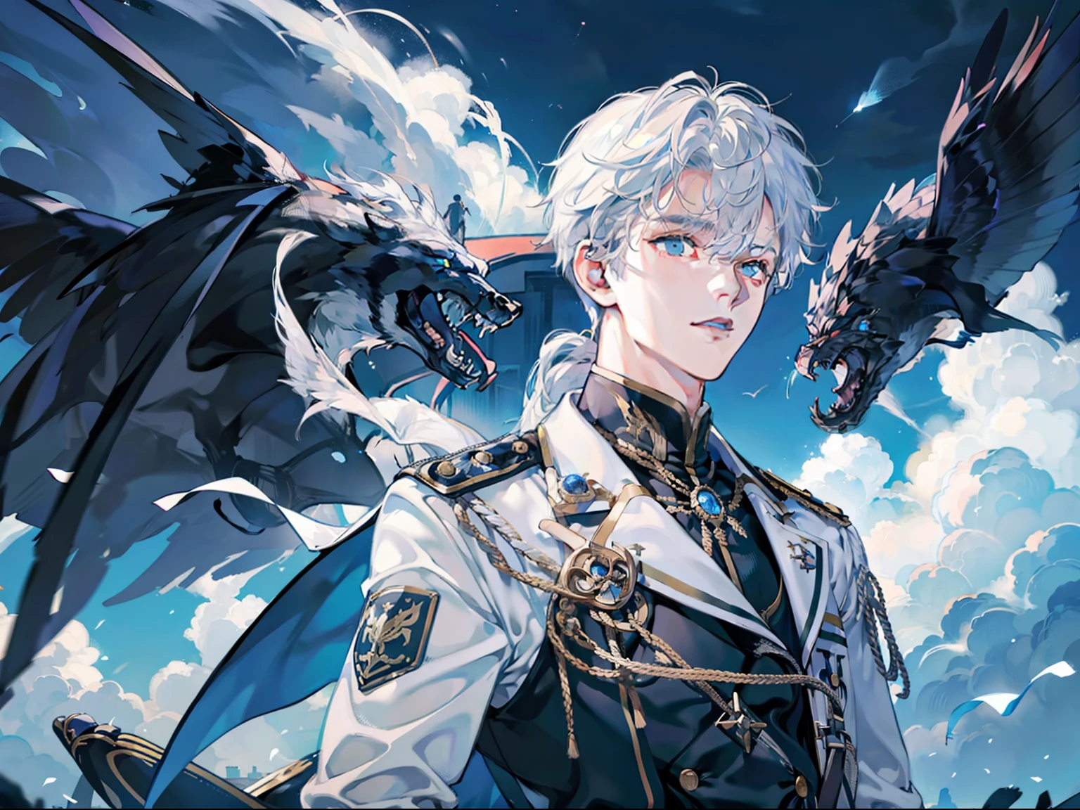 Masterpiece, 1 male dragon boy, AS-Youn, beautiful cute boy, white hair, golden eyes, light themes, Magic Array, Buble、rainbow Sunlight, at the sky、Reflector mirror, floating piece of feather、dark glow light、Bubble Swirling、Wind swirl, extreme light, Fantastic landscape, full bodyesbian, orthofacial, Look to the lens