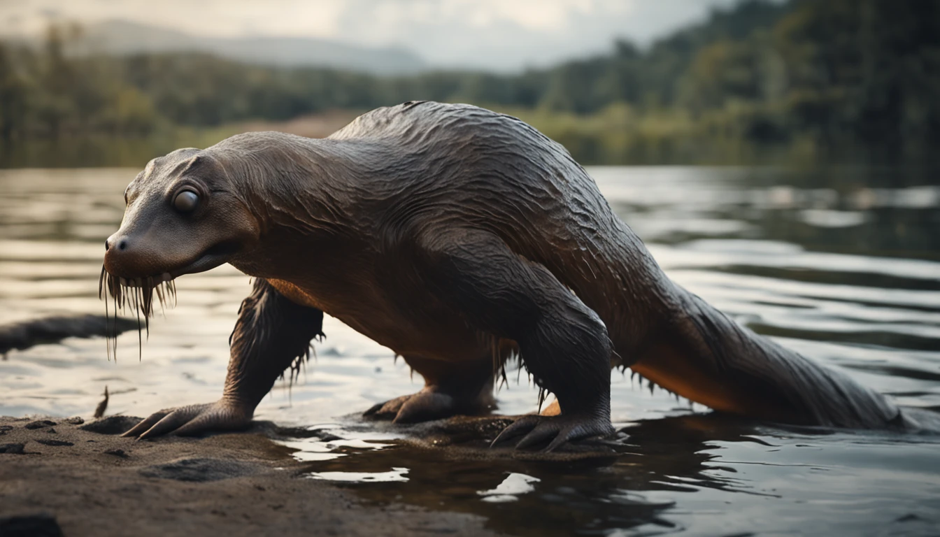 (Realistic full-body image of a single platypus-like monster);
(Monster with the characteristics: platypus-like, (Duck beak: 1.6), (beaver tail: 1.6), (otter paws: 1.6), (otter body: 1.6), (big claws: 1.6)) ;
(monstrous appearance, terrifying gaze);
Natural environment, next to a lake;
Realistic picture, Cinematic picture, 8k, high resolution;