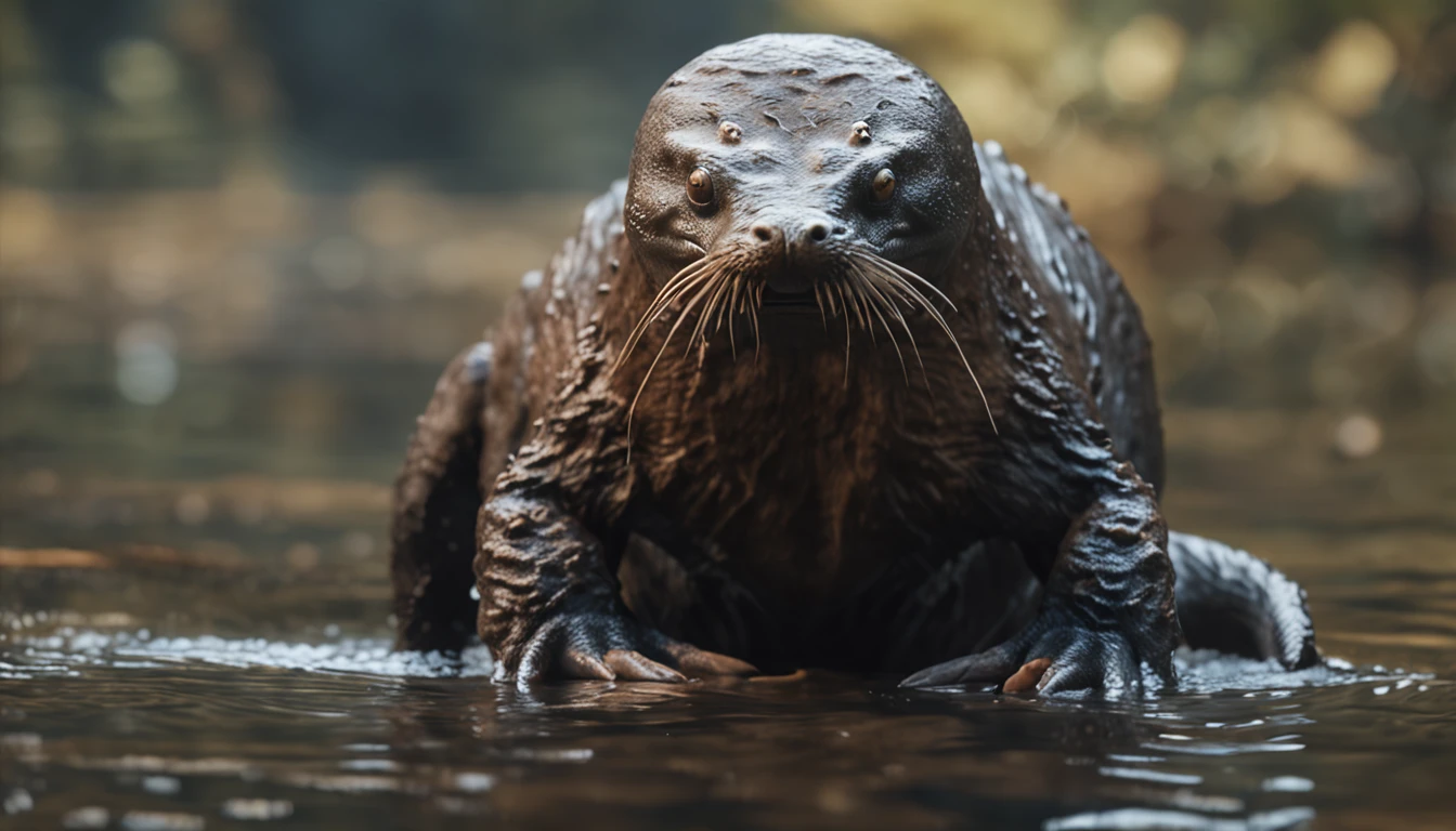 (Realistic full-body image of a single platypus-like monster);
(Monster with the characteristics: platypus-like, (Duck beak: 1.6), (beaver tail: 1.6), (otter paws: 1.6), (otter body: 1.6), (big claws: 1.6)) ;
(monstrous appearance, terrifying gaze);
Natural environment, next to a lake;
Realistic picture, Cinematic picture, 8k, high resolution;