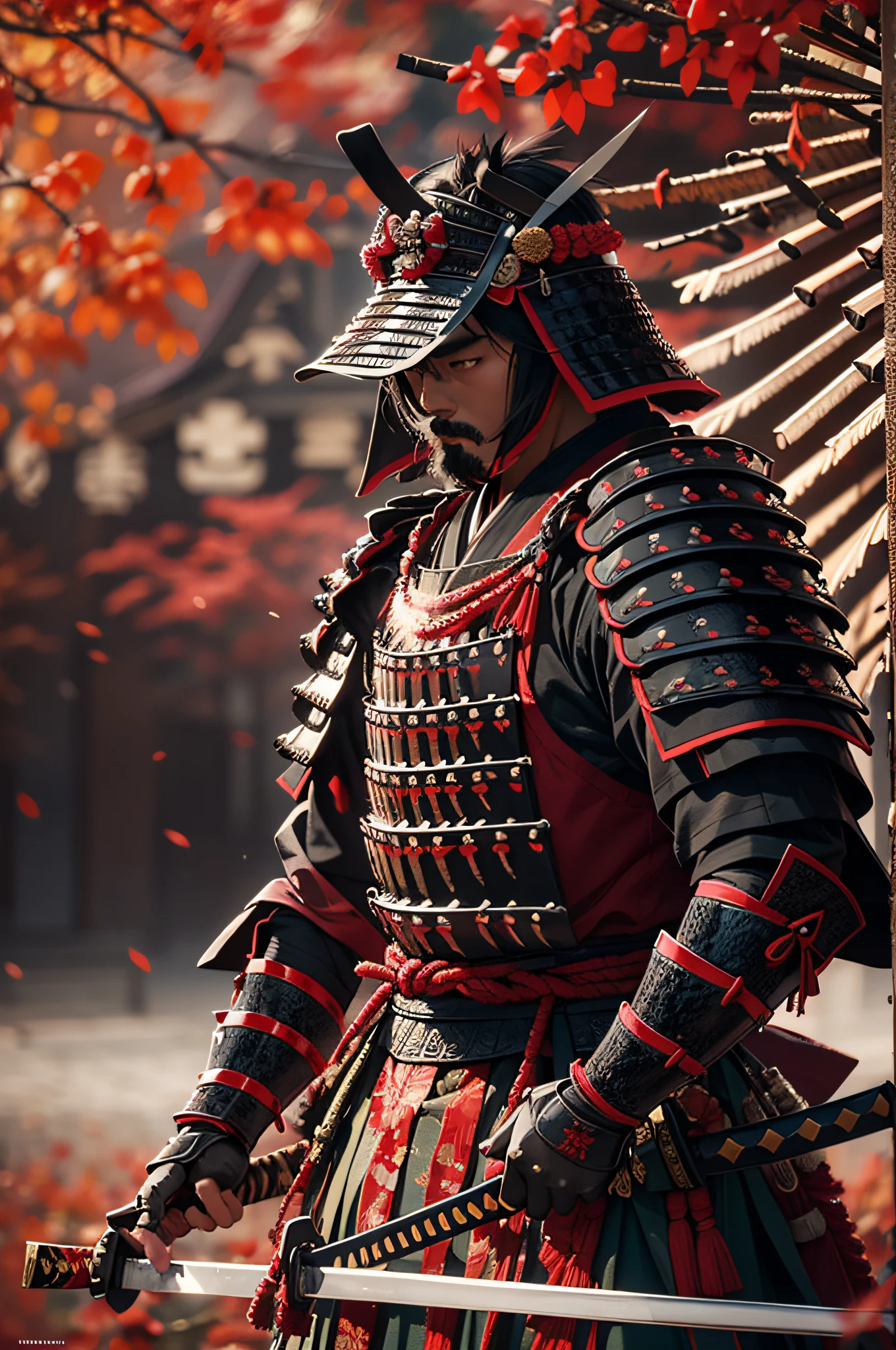 Japan samurai in armor、Highest bit、Highly detailed armor、reddish、ck、Highly detailed background,Realistic,ultra-detailliert,super detailed skin,light glow,Film grain,Expro II,Lens Flare,Sharpen,cinematic shadow