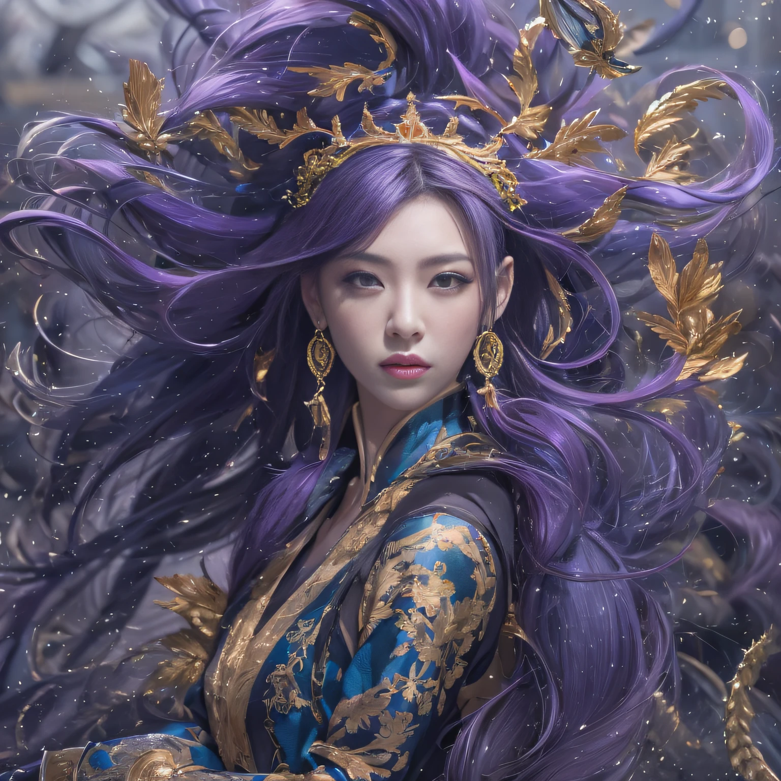 32K（tmasterpiece，k hd，hyper HD，32K）Long flowing bright purple hair，Autumn Pond，zydink， a color， Asian people （Silly girl）， （Silk scarf）， Combat posture， looking at the ground， long whitr hair， Floating bright purple， Fire cloud pattern gold tiara， Chinese long-sleeved gold silk garment， （abstract ink splash：1.2）， white backgrounid，Lotus protector（realisticlying：1.4），Bright purple hair，Smoke on the road，The background is pure， A high resolution， the detail， RAW photogr， Sharp Re， Nikon D850 Film Stock Photo by Jefferies Lee 4 Kodak Portra 400 Camera F1.6 shots, Rich colors, ultra-realistic vivid textures, Dramatic lighting, Unreal Engine Art Station Trend, cinestir 800，Long flowing bright purple hair