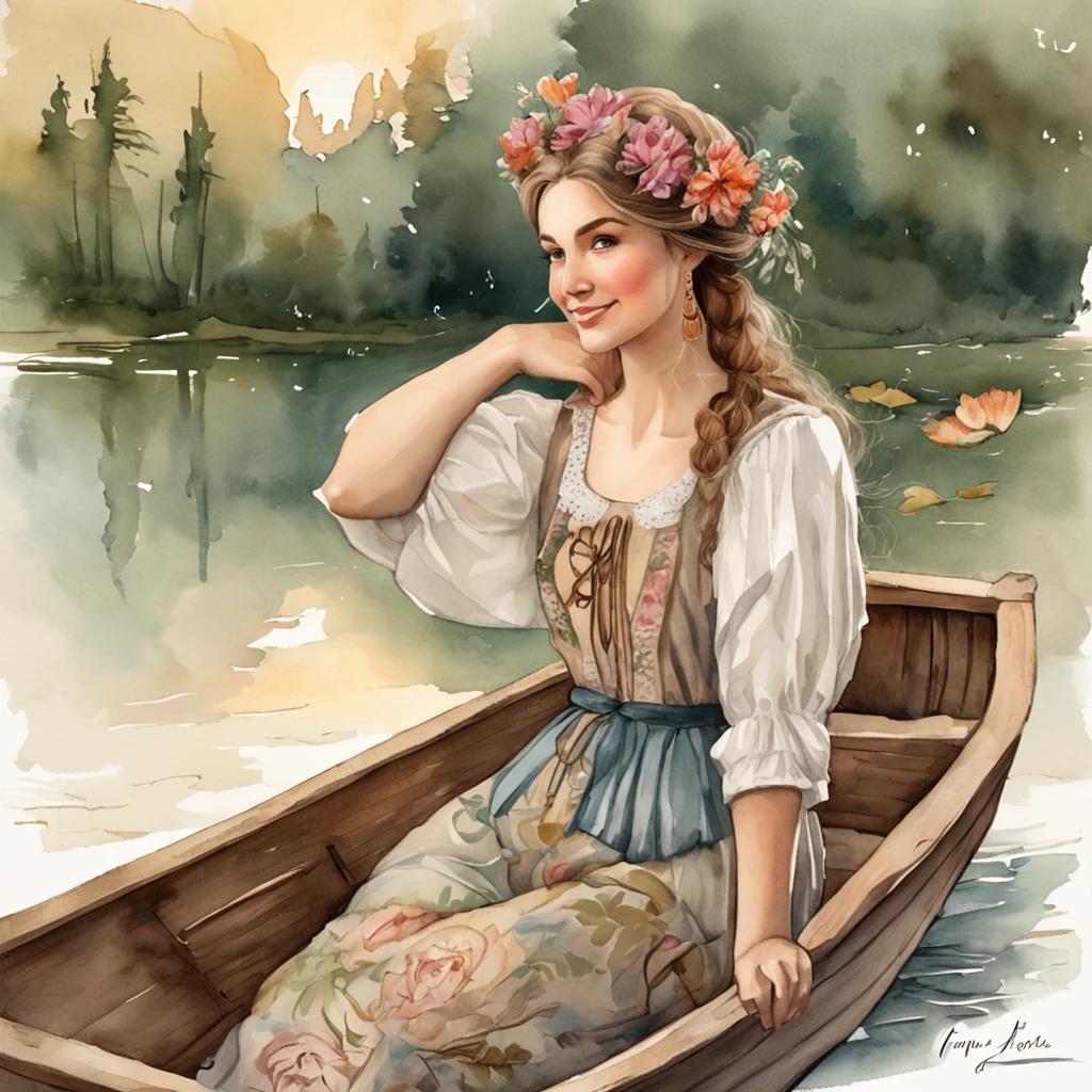 "Woman in wooden boat vintage cottagecore style with a flower in her hair, captured in a beautifully detailed scene with good lighting. The image has a realistic and highly artistic quality, resembling a masterpiece. The woman is happy, and the background features a clean white backdrop, reminiscent of sticker designs."