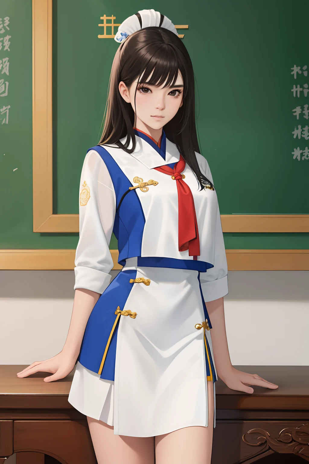 NSFW, obra-prima, melhor qualidade, ultra-detalhado, semi-realista, detailedfacialfeatures,1girl,Chinese university student clothing,Protagonista,cabelos longos e alinhados,olhos negros,arrogante,garota bonita,uniforme completo,audaciosa,sexy,voluptuosa,perfeita ,Standing stately in the classroom