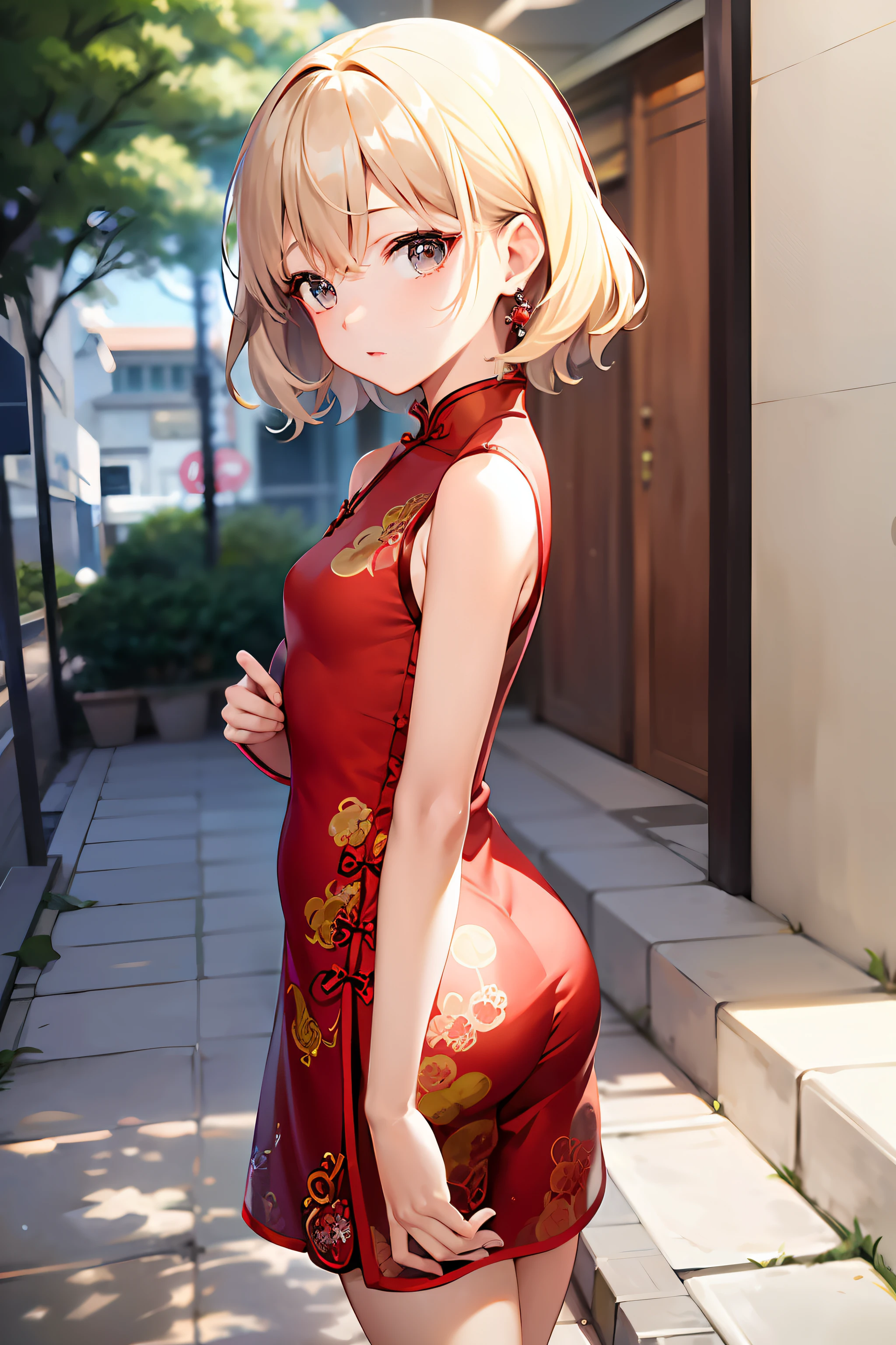 女の子 1 人、((Red Sleeveless Mini Cheongsam))、cute little、(Kpop Idle)、(Charming Monkey:1)、(Platinum Blonde Hair:1)、((Puffy eyes))、Looking for the observer side、full body Esbian、facing the front there