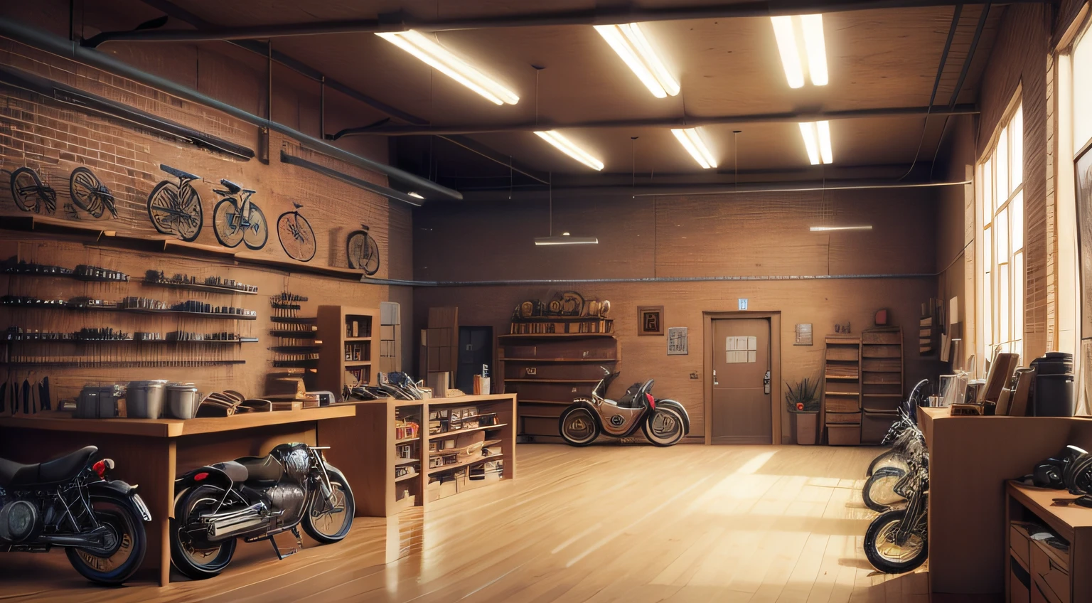 interior cartoon of a downtown motorcycle repair shop