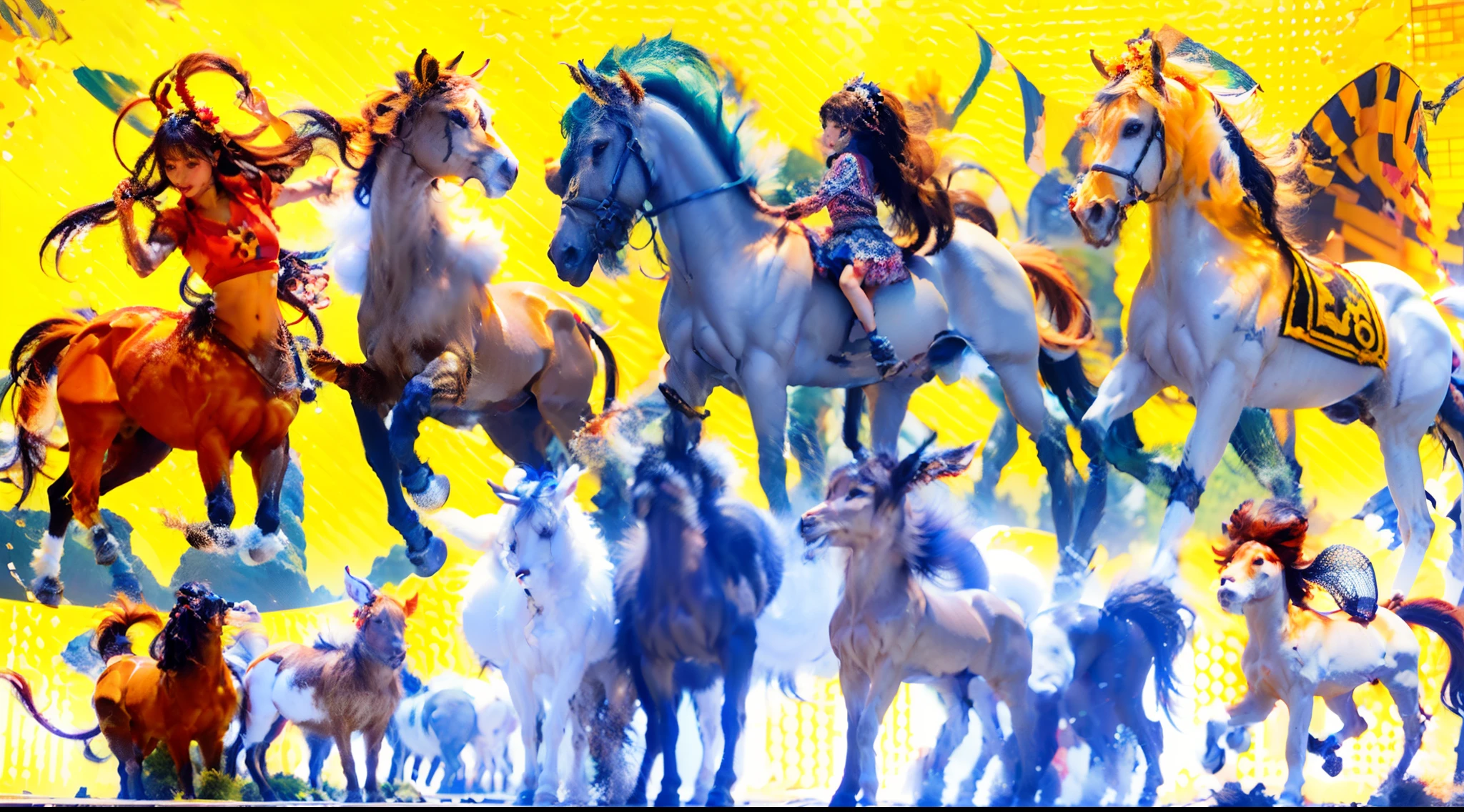 In the beautiful illustration of this super-grand scene,The ultra-distant shot shows eight unique centaur characters,They all have their own characteristics,Vivid and interesting。Radiant angelic centaurs from the heavenly realm,To the hellish centaurs surrounded by nightmarish flames,And then to the Wind Immortal Centaur dancing in the air,There are also one-horned centaurs surrounded by thunder and lightning,and mechanical centaurs that shine with metallic light,And then to the powerful dragon centaur with colored dragon scales covering the whole body,The elegant and agile elf centaur always wears a flower crown with its slender and graceful lines,Enchanting and charming Tiflin centaurs。Each character has their own unique charms and abilities。The illustration uses advanced artistic techniques and tools,Divide the scene into sections by geometric arrangement,Each section corresponds to a centaur character,This makes more efficient use of space。Through Midjourney's advanced brush tools、Color palette、Material packs and model packs,Exquisite costumes and equipment are designed for each centaur,Enhances the character's personality and visual appeal。The scenery in the illustrations is stunning,There are changing skies、rainbowing、extreme light、Stars and Moon。Incorporating iconic landmarks such as Mount Everest,and fireworks、tranquil lake、Natural and urban elements of waves and neon lights,Creates a magical atmosphere。The centaurs showed off their skills and equipment in a variety of environments,This is true even in extreme alien landscapes。Midjourney's tools make depicting details vivid and realistic,From intricate hairstyles and clothing to authentic textures,Enhances the realism of the characters and surroundings。The fusion of multiple art styles adds movement to the centaur's movement at all angles,The overall visual experience is further enriched。The final illustration was described as a "masterpiece",It has the characteristics of "best quality" and "realistic",The d