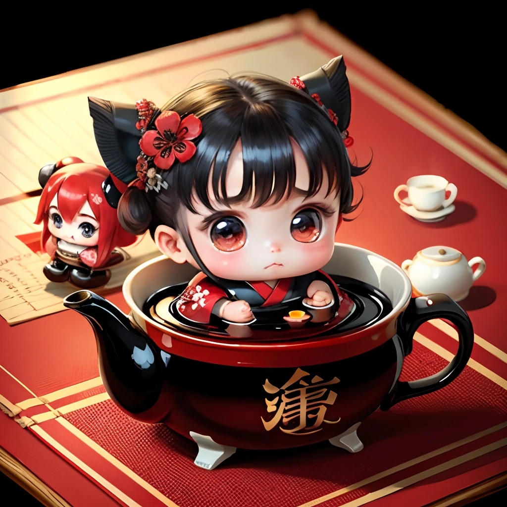 Cute  chibi anime, black and red kimono, sit in the teapot thank you note