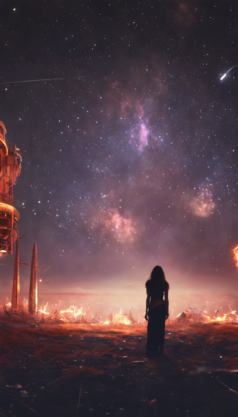 Dutch angle,Facing away,femele,extra very long hair,full bodyesbian,The background is a dark and endless starry sky,ultra-wide-angle,From below,ssee-through,(Movie light,volumettic light,Top light)illusory engine, wlop and ross thran, unreal engine rendered + A goddess, Unreal Engine fantasy art, Ross Tran 8 K, wlop jeremy lipkin, artgerm julie bell beeple, best of artstation