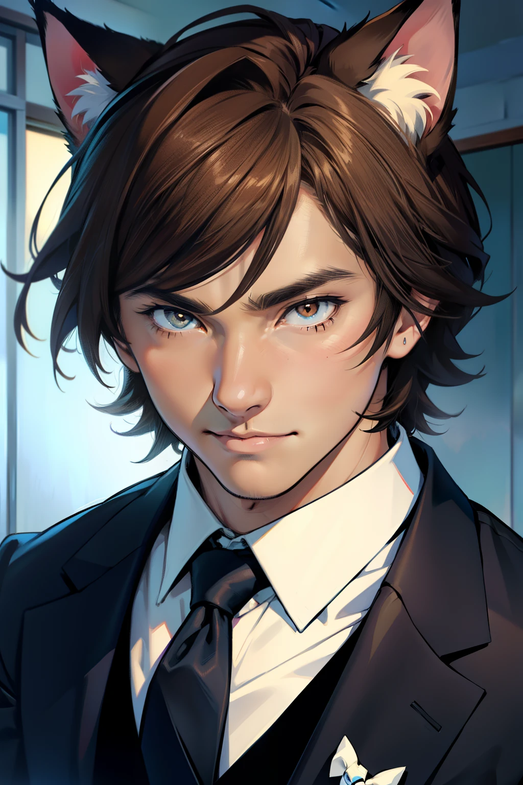 Close up portrait of cat in suit and tie, Brown hair, an anthro cat, Cat in the face、masterpiece anthro portrait, anime visual of a cute cat, anime cat, furry character portrait, high quality portrait, he looks very sophisticated, Know the cat, Anthropomorphic cat, well - dressed, cat detailed、gentle、big brother、be reliable、Know、Adult males