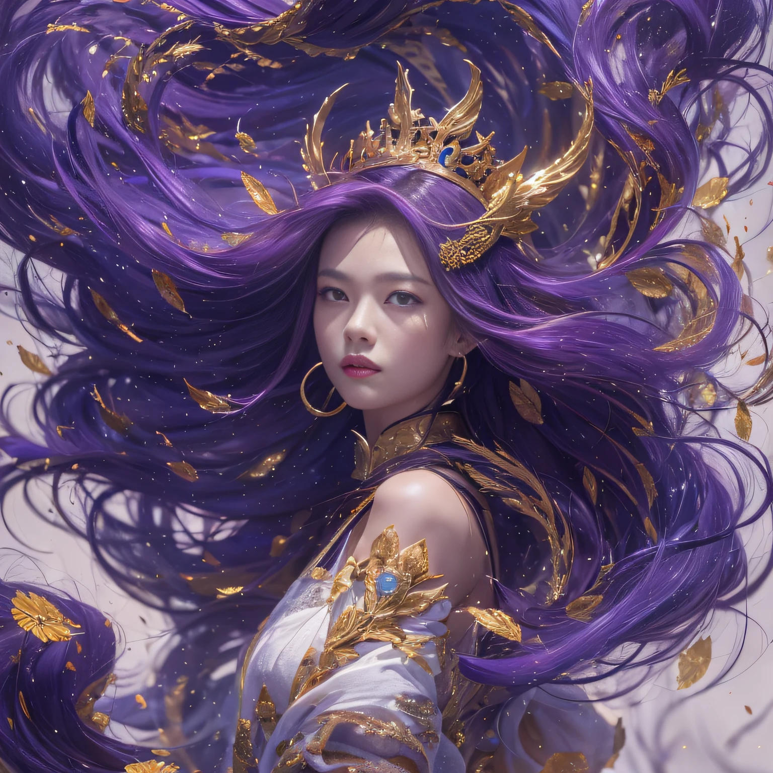 32K(tmasterpiece,k hd,hyper HD,32K)Long flowing bright purple hair,Autumn Pond,zydink, a color, Asian people (Silly girl), (Silk scarf), Combat posture, looking at the ground, long whitr hair, Floating bright purple, Fire cloud pattern gold tiara, Chinese long-sleeved gold silk garment, (abstract ink splash:1.2), white backgrounid,Lotus protector(realisticlying:1.4),Bright purple hair,Smoke on the road,The background is pure, A high resolution, the detail, RAW photogr, Sharp Re, Nikon D850 Film Stock Photo by Jefferies Lee 4 Kodak Portra 400 Camera F1.6 shots, Rich colors, ultra-realistic vivid textures, Dramatic lighting, Unreal Engine Art Station Trend, cinestir 800,Long flowing bright purple hair