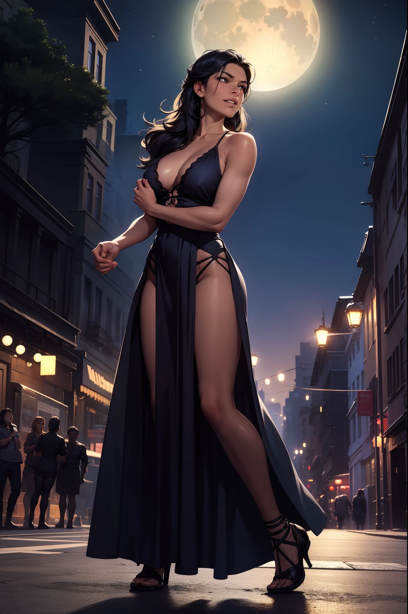 A girl is undergoing metamorphosis into a humanoid werewolf in the middle of the city. She's standing on the sidewalk, with your back to the camera. She's wearing a short black dress and her hair is loose. Your skin is starting to change color, and her teeth are starting to grow. Her eyes are closed and she's making an expression of pain. The blue moon is full in the sky, and the stars are shining. The street is empty,