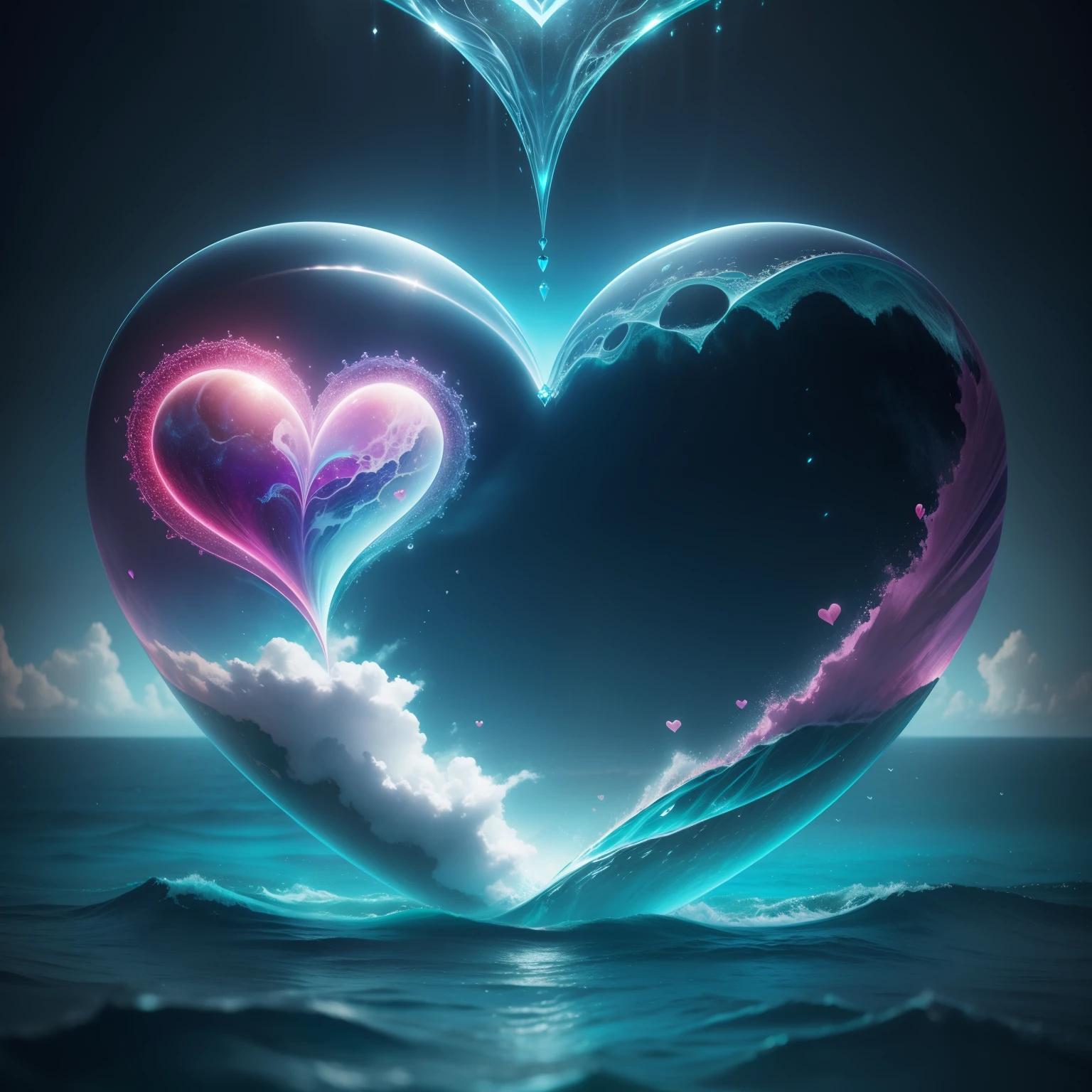 A heart that is an ocean, heart with a ocean inside, surrealist heart, fantasy art, cinema 4d, matte painting, polished, beautiful, colorful, intricate, eldritch, ethereal, vibrant, surrealism, surrealism, vray, nvdia ray tracing, cryengine, magical, 4k, 8k, masterpiece, crystal, romanticism