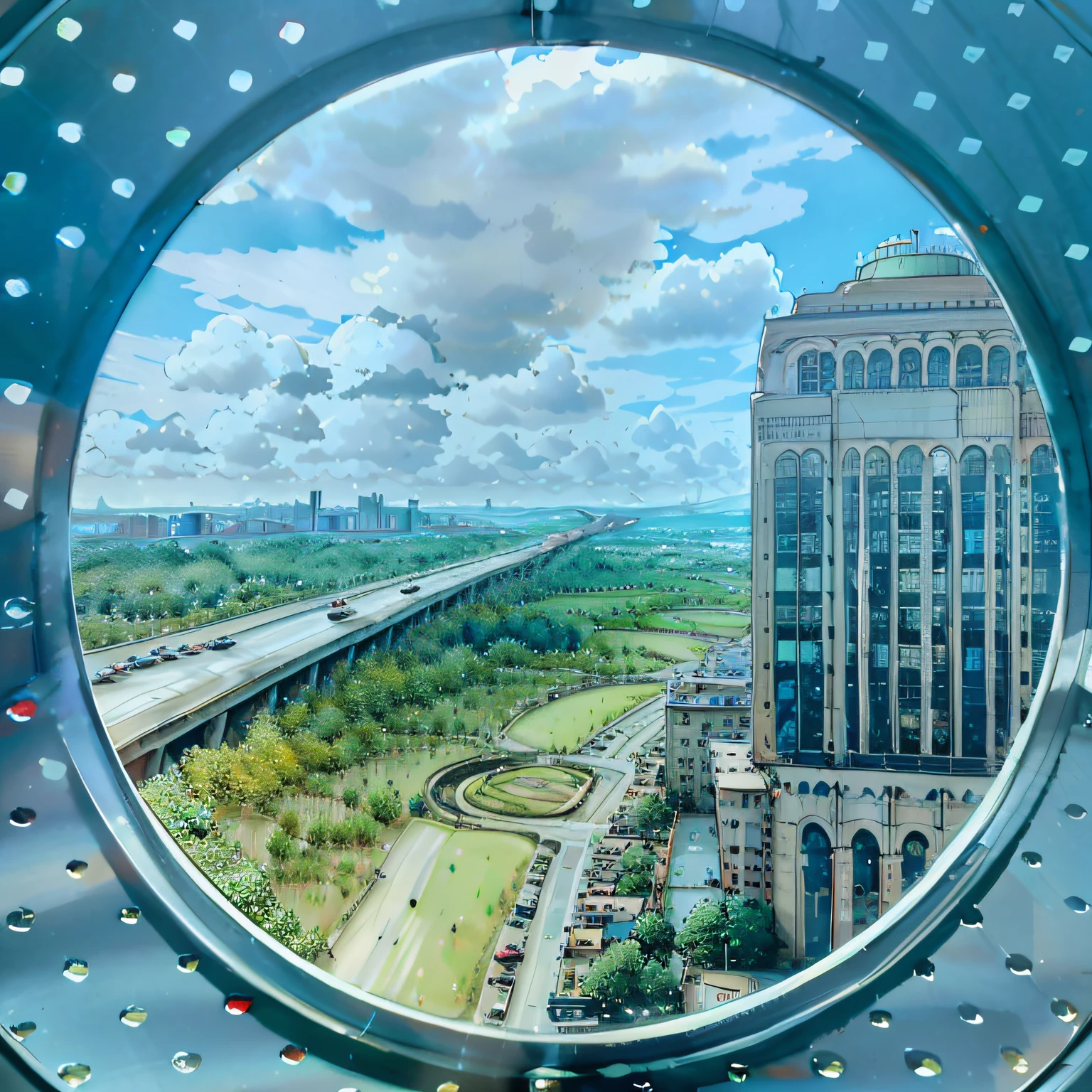 Enjoy the cityscape with bridges and highways through circular windows, ultra wide lens picture, View from the window of the metropolis, round window, 8 k''. filling of the view, Large round windows, very clear view, perspective wide angle view, shot on iphone 1 3 pro max, wide wide shot, Wide-angle lens