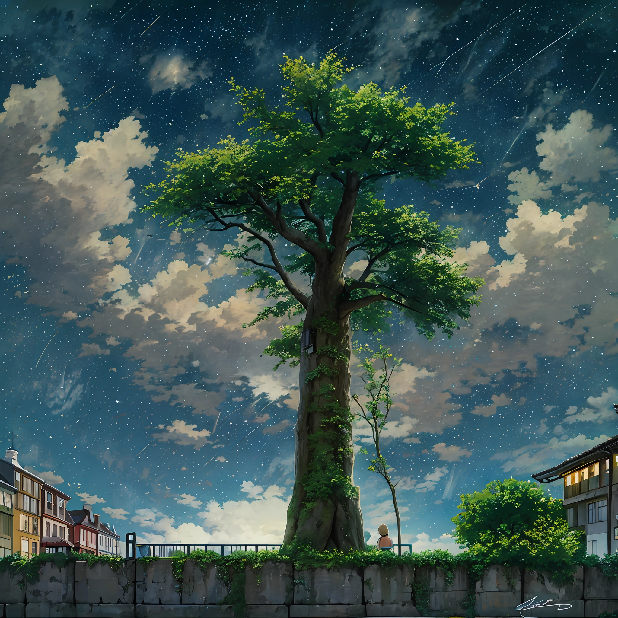 octans、Skysky、stele（Skysky）、landscapes、starrysky、natta、nigh sky、独奏、plein air、Signature、buliding、​​clouds、milkyway、sitting on、The tree、street、silhuette、A city scape