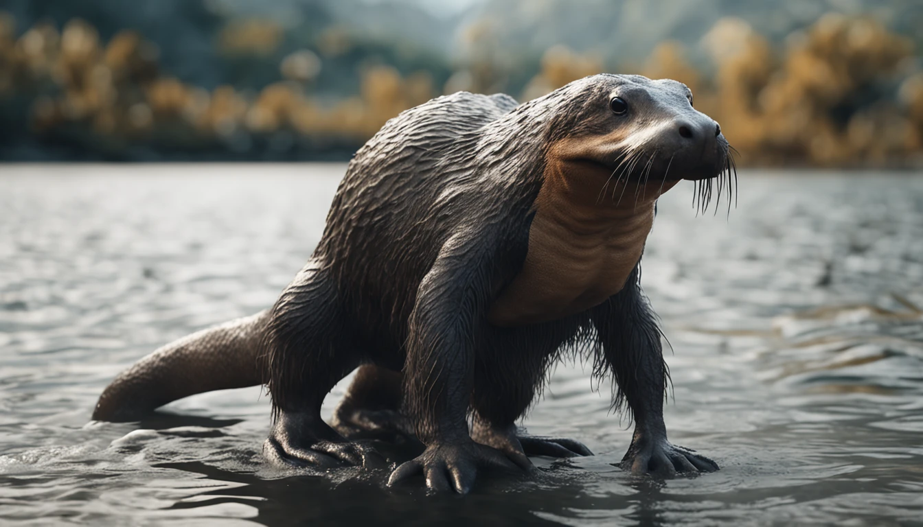 (Realistic full-body image of a single platypus-like monster);
(Monster with the characteristics: platypus-like, (Duck beak: 1.8), (beaver tail: 1.6), (otter paws: 1.6), (otter body: 1.6), (big claws: 1.6)) ;
(monstrous appearance, terrifying gaze);
Natural environment, next to a lake;
Realistic picture, Cinematic picture, 8k, high resolution;